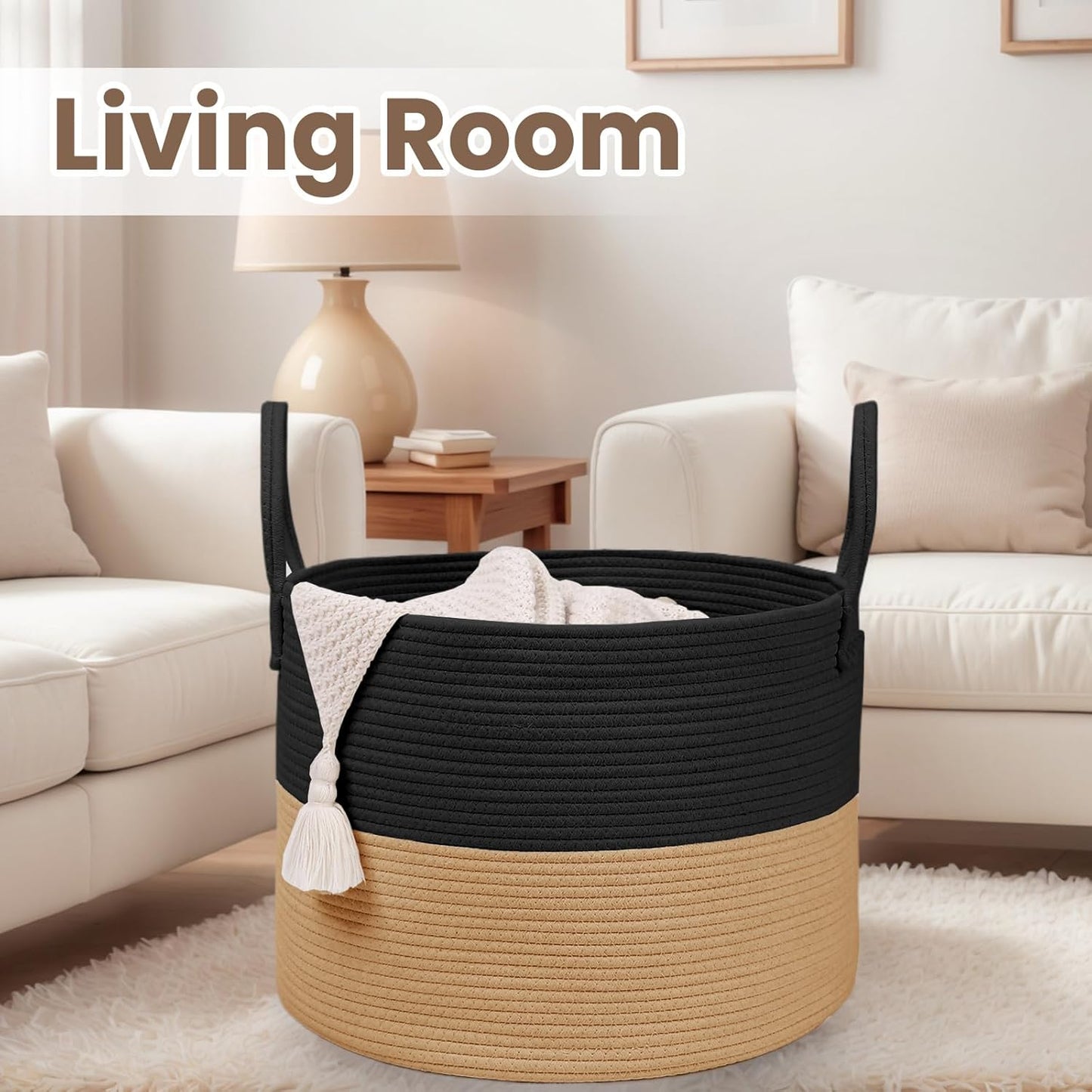 Woven Blanket Basket,65L Large Rope Storage Bin with Handles, Organizer for Blankets Toys Book and Clothes, Laundry Basket for Living Room Bedroom Nursery,Black&Jute