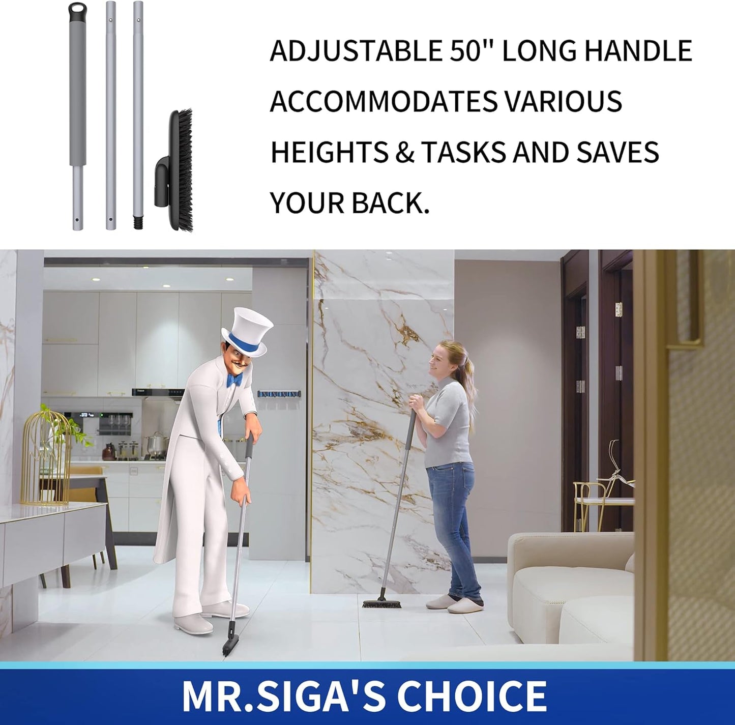 MR.SIGA Heavy Duty Grout Scrub Brush with Long Handle, Shower Floor Scrubber for Cleaning, Tile Scrub Brush with Stiff Bristles