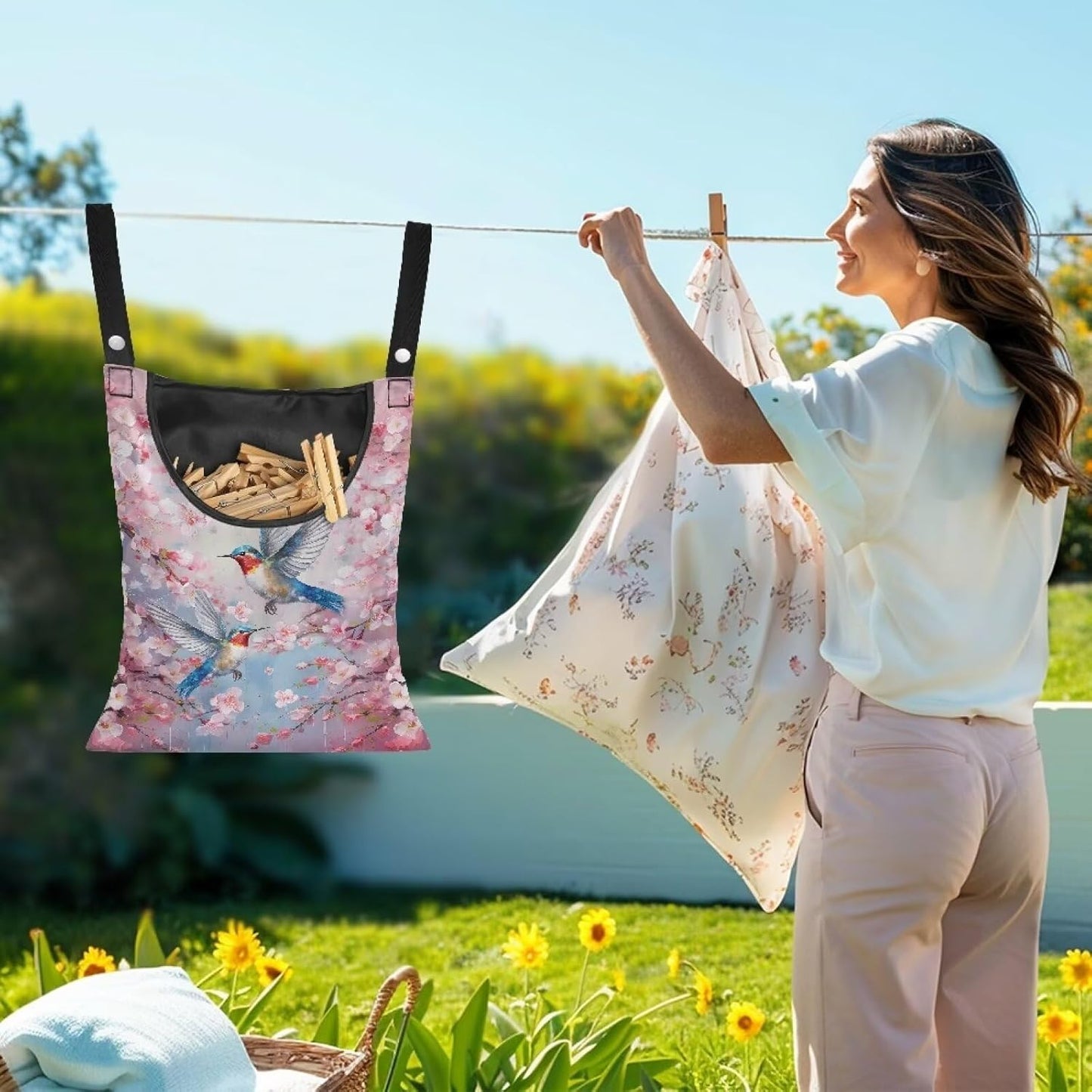Hummingbird Clothespin Bag with Hanging Hook Cherry Blossom Clothes Pin Holder Waterproof Clothespin Storage Organizer with Large Opening Clothespin Bag for Clothesline Outdoor