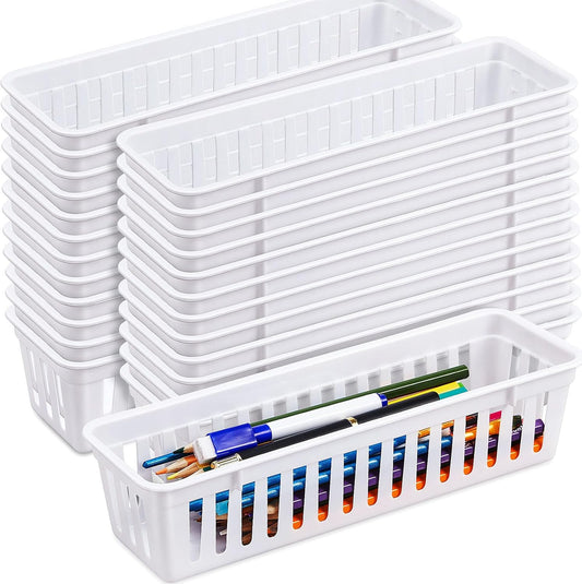 Domensi 24 Pcs Slim Plastic Storage Baskets Tray for Organizing 10.25 x 3.25 x 2.5 Inch Small Storage Bins Stackable Drawer Pencil Trays Holder for Desk Garage Office Containers(White)
