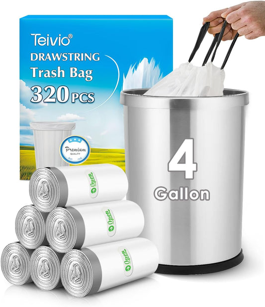 4 Gallon 320 Counts Strong Drawstring Trash Bags Garbage Bags by Teivio, Bathroom Trash Can Bin Liners, Small Plastic Bags for home kitchen office, White