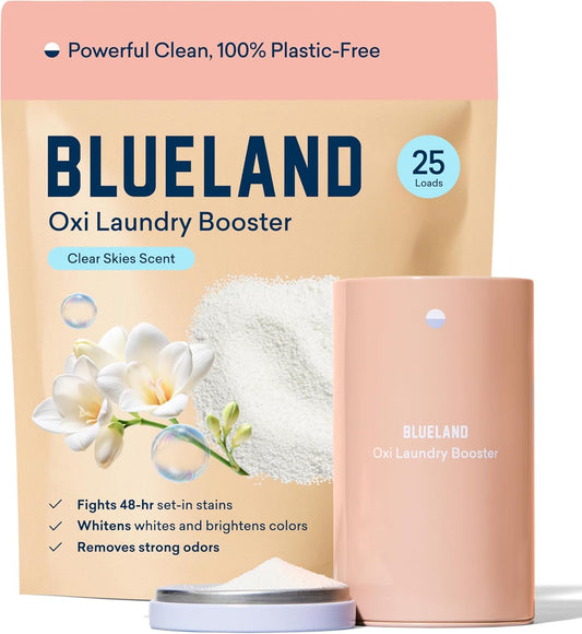 BLUELAND Oxi Laundry Booster Powder with Tin, Starter Set, Clear Skies Scent, 25 Loads, 17.6 oz, Plastic-Free, Eco Friendly, Oxy Cleaner, Stain Remover
