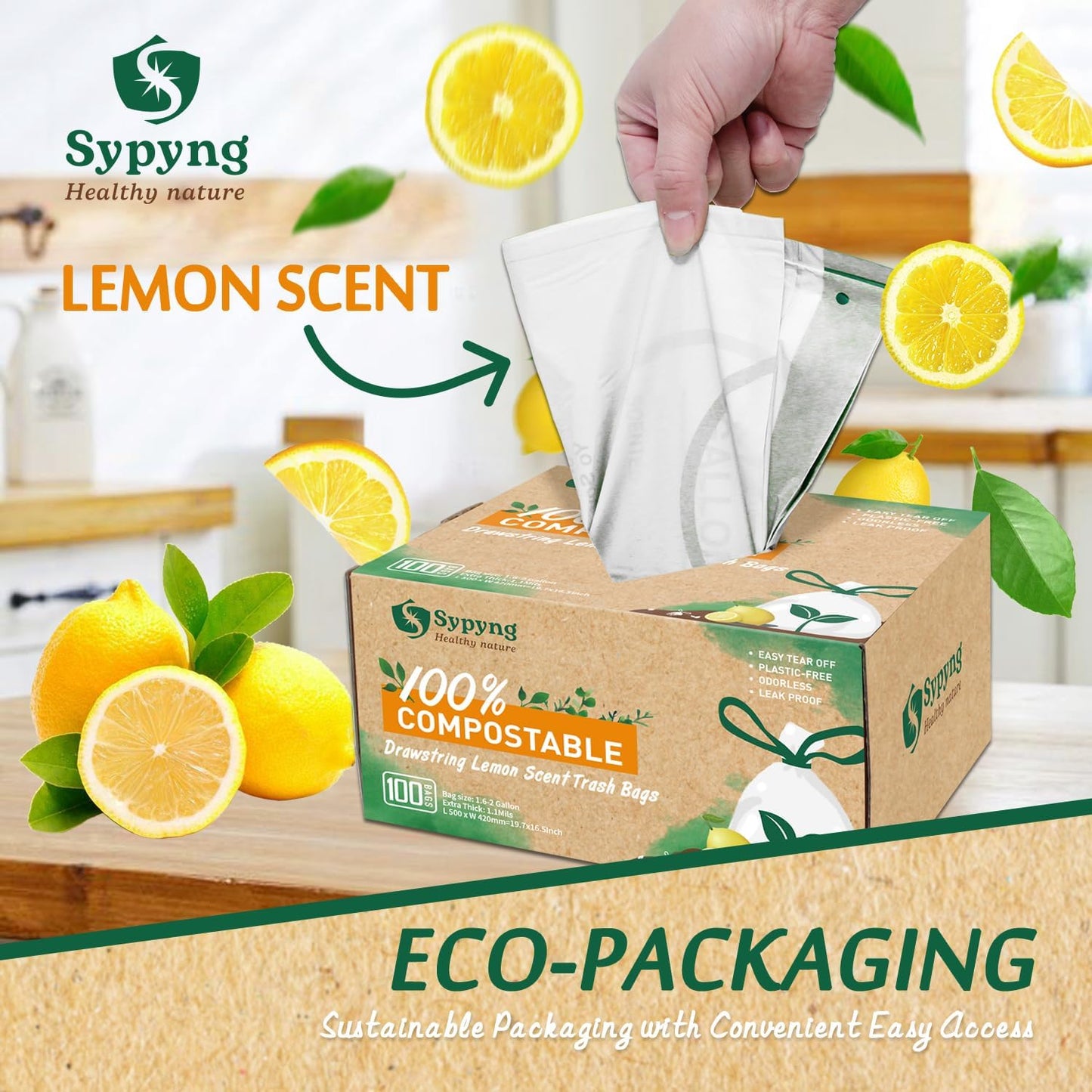 Compostable Kitchen Waste Trash Bags 1.6-2 Gallon (100 Pack) Heavy Duty 100% Biodegradable White Compost Bags for Countertop Bin, ASTM D6400, BPI & OK Compost HOME Certified, Eco-Friendly & Recyclable