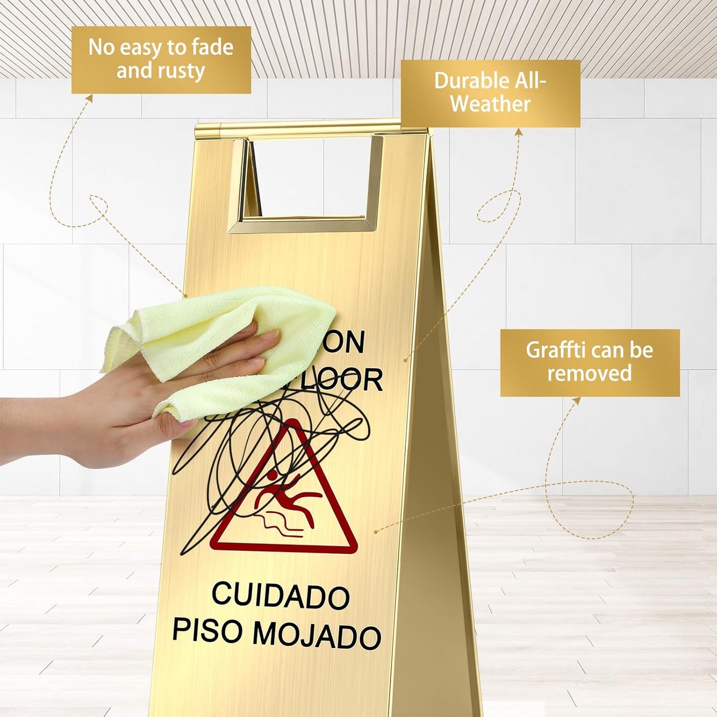 8 Pcs 24 Inch Stainless Steel Wet Floor Sign 8.8 Pound Caution Wet Floor Sign Bulk Double Sided Portable Foldable Bilingual Safety Warning for Kitchen Restaurant Restroom Avoid Fall(Gold)