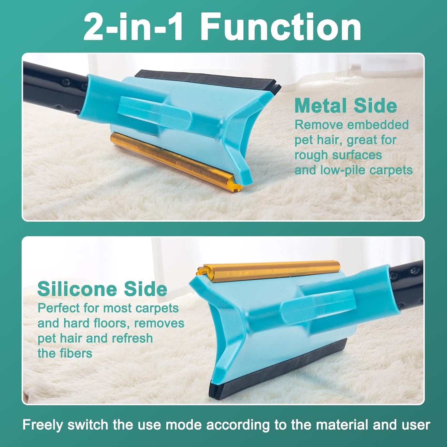 Carpet Rake for Pet Hair Removal Tool, Reusable Pet Hair Remover Broom with 56” Long Handle, Cat & Dog Hair Carpet Scraper for Rugs Mats Couch