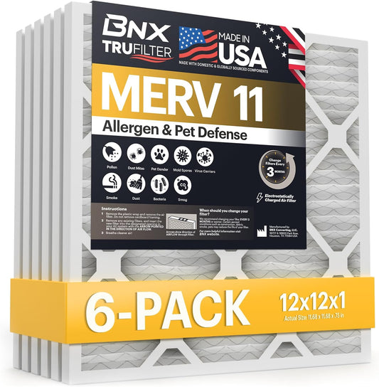 BNX TruFilter 12x12x1 Air Filter MERV 11 (6-Pack) - MADE IN USA - Allergen Defense Electrostatic Pleated Air Conditioner HVAC AC Furnace Filters for Allergies, Dust, Pet, Smoke, Allergy MPR 1200 FPR 7