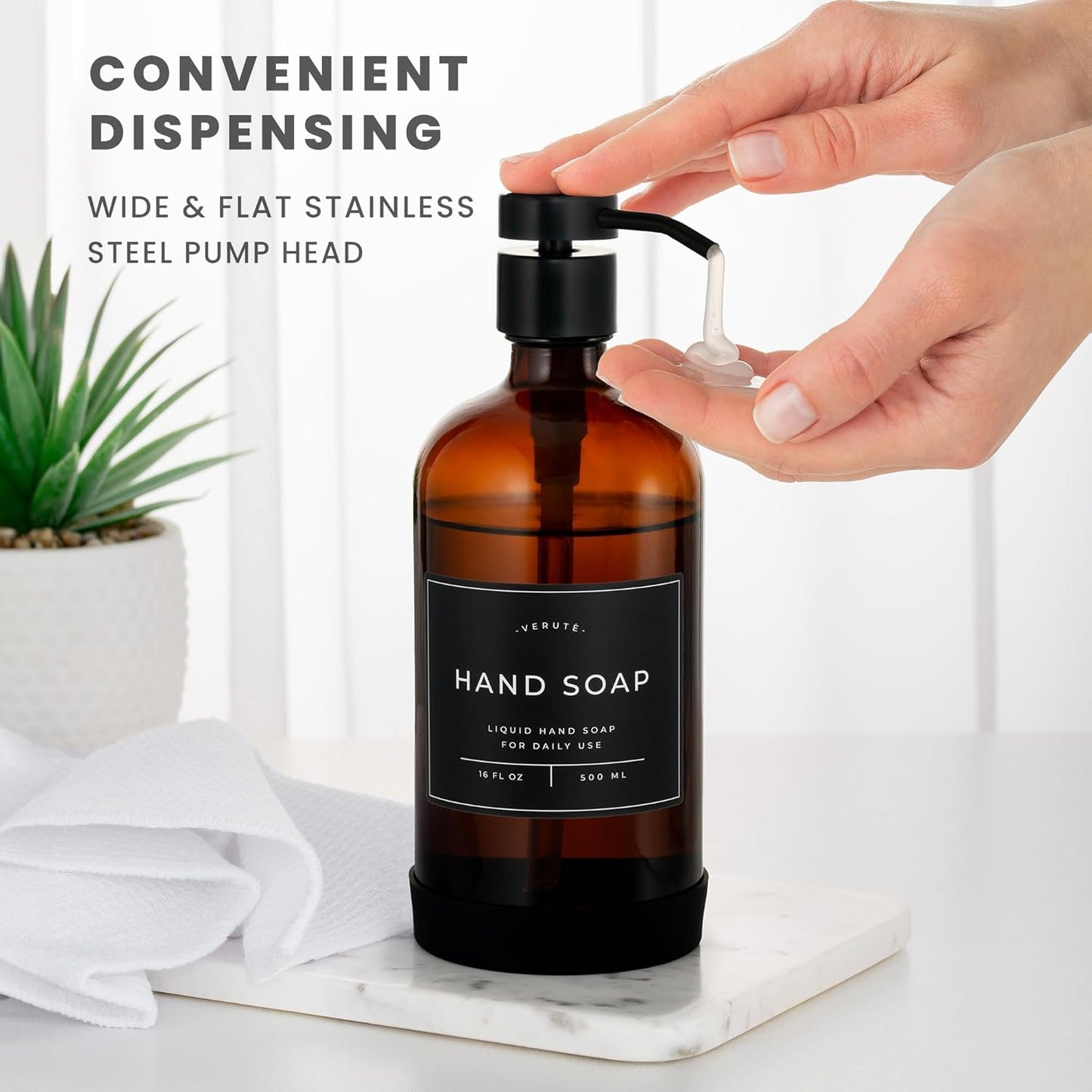 16oz Glass Soap Dispenser with Stainless Steel Pump, 21 Waterproof Labels, Non-Slip Protective Silicone Pad, Set of 2 for Bathroom & Kitchen (Amber Bottle/Black Pump)