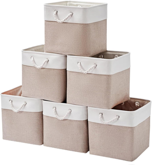 13 x 13 Inch Storage Cubes，6 Pack Cube Storage Bins for Shelves，Fabric Collapsible Storage Bins with Handles, Foldable Storage Basket for Organizing Clothes, Toys, Books (White&Beige)