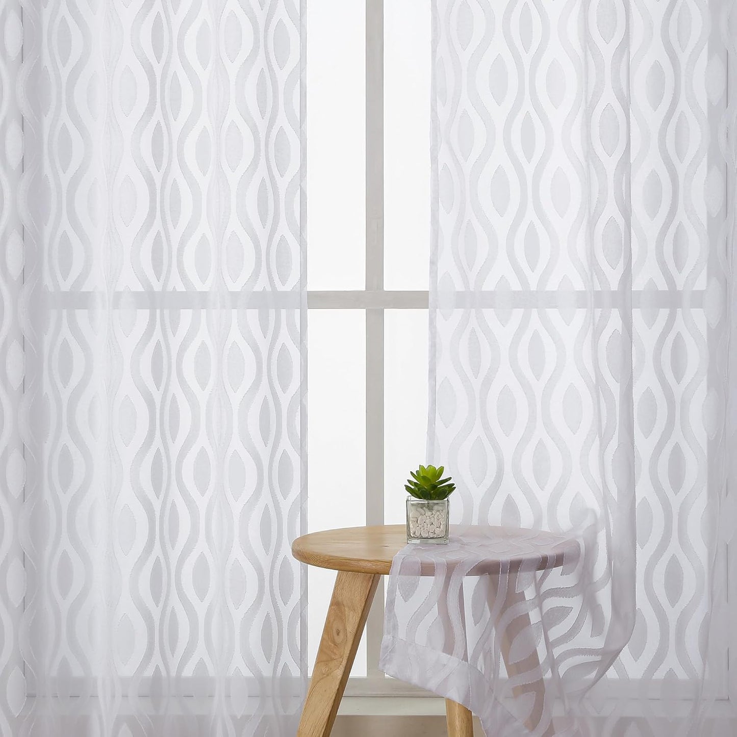 Aiyufeng White Sheer Curtains Tiers 36 Inch Length 2 Panels Set, Airy Lightweight Clip Jacquard Small Window Curtains, Modern Wavy Line Textured Voile Sheer Curtains for Small Windows, 40"Wx36"L Inch