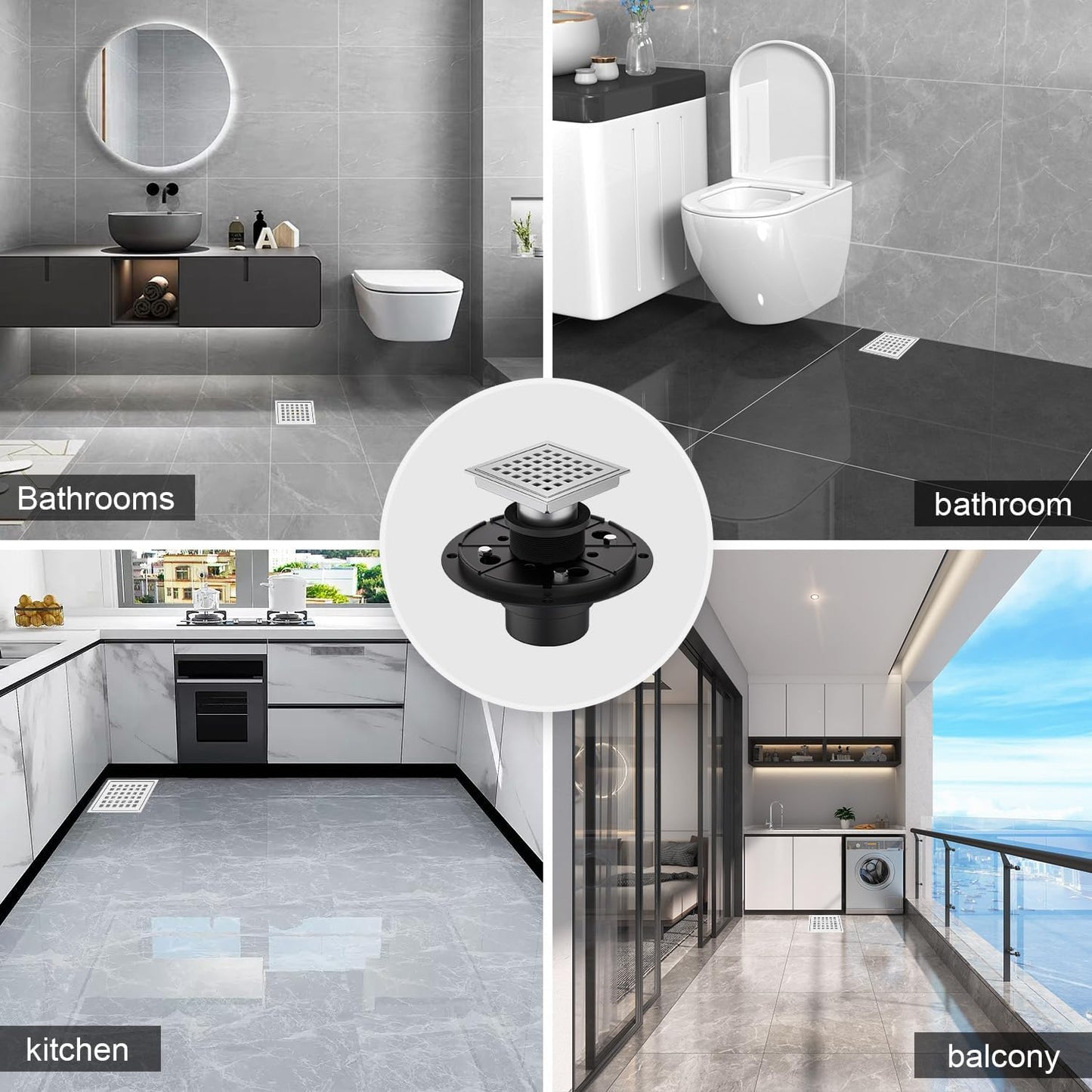 6 Inch Square Shower Floor Drain Brushed Stainless Steel Drain Kit with Flange, Removable Grid Cover, Hair Strainer