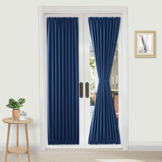 DWCN French Door Curtains – Rod Pocket Thermal Blackout Curtain for Doors with Glass Window, Kitchen and Patio Doors for Privacy, 36 X 72 Inches Long, 1 Curtain Panel with Tieback, Classic Blue