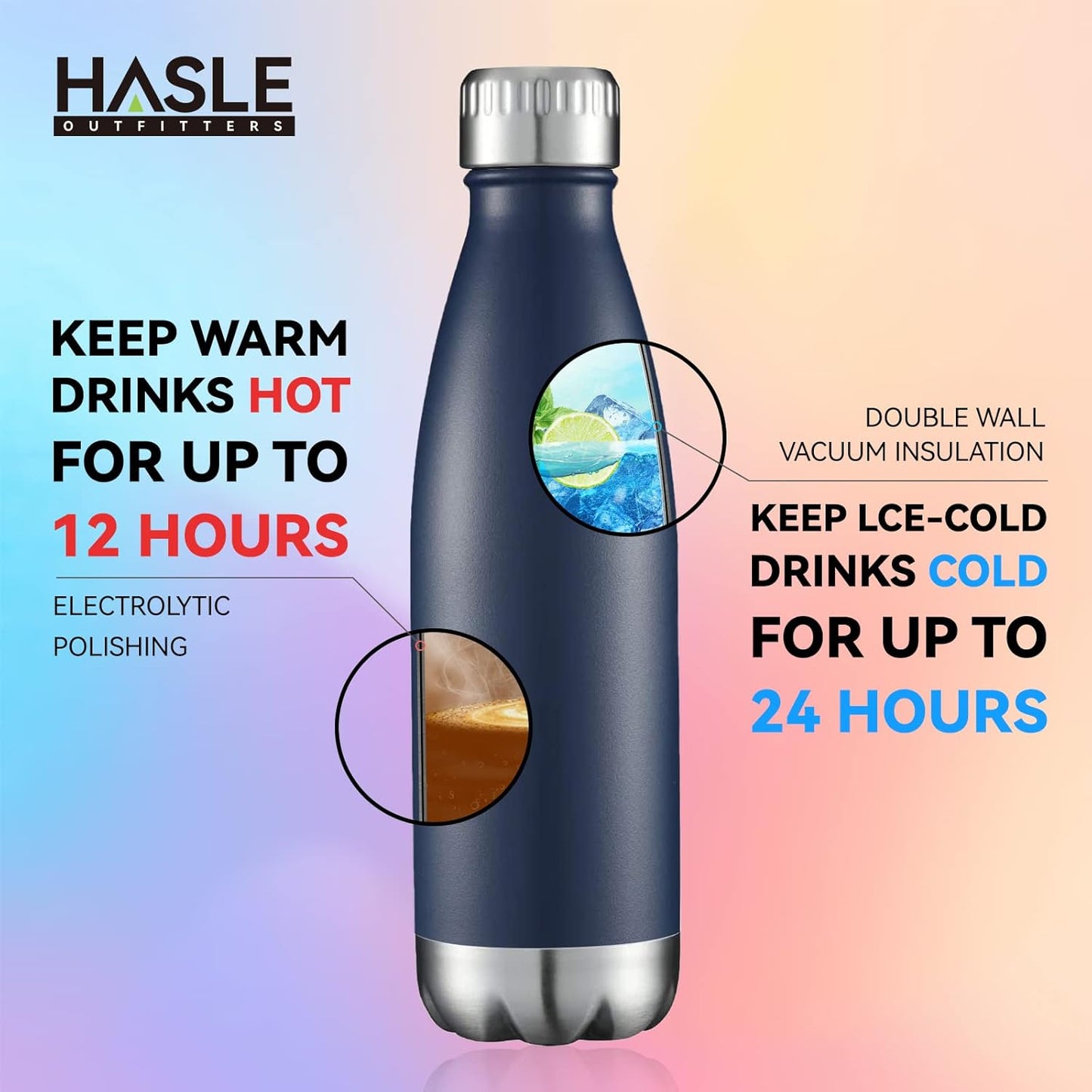 HASLE OUTFITTERS 17oz Stainless Steel Water Bottles Bulk, Vacuum Insulated Water Bottles Double Walled Powder Coated Reusable Metal Sports Water Bottles Keep Drinks Hot and Cold, Navy, 8Packs
