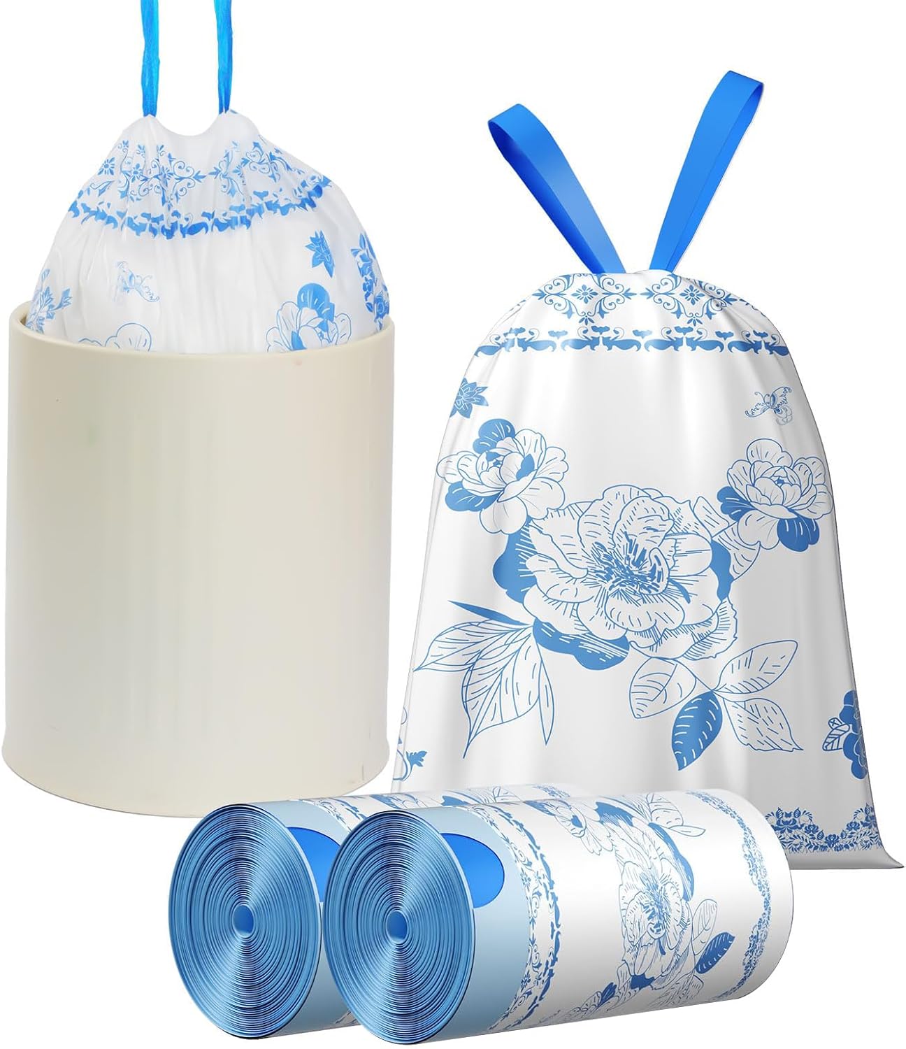 VOK 4 Gallon Trash Bags Drawstring, 4 Gallon Garbage Bags, Small Trash Bags for Office, Kitchen, Bedroom Trash Cans, Colorful and Sturdy Small Garbage Bags with Beautiful Flower Printed, 78 Counts