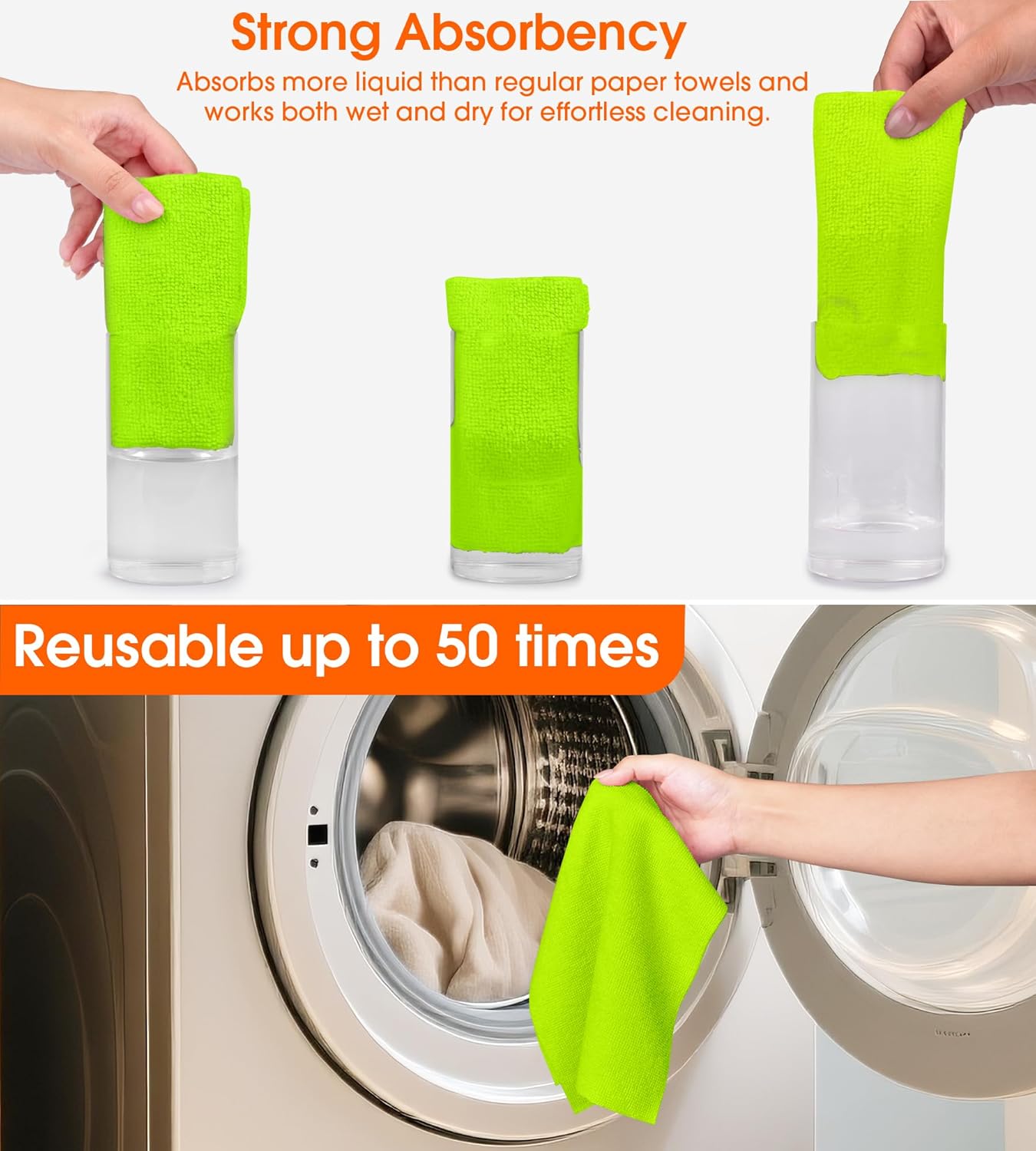 Roll of Microfiber Cleaning Cloth –100 Pack, Tear Away Microfiber Towels, Reusable, Washable, Scratch-Free, Cleaning Supplies,Kitchen Towels for Car, Home, Kitchen, Dishes(Neon Green)