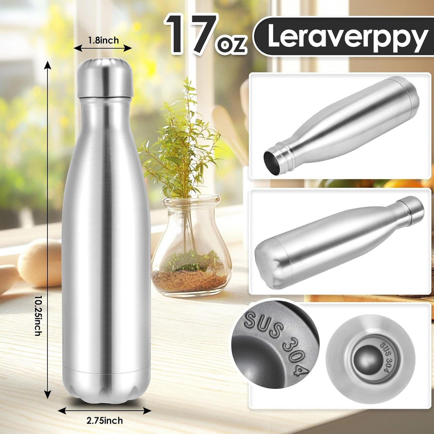 17oz Cola-Bottle Shaped Stainless Steel Leak-proof Water Bottle,Double Wall Vacuum Insulated Metal,Travel Mug For Sports Indoors & Outdoors,BPA-Free Kids Flasks,Silver(8 Pack)