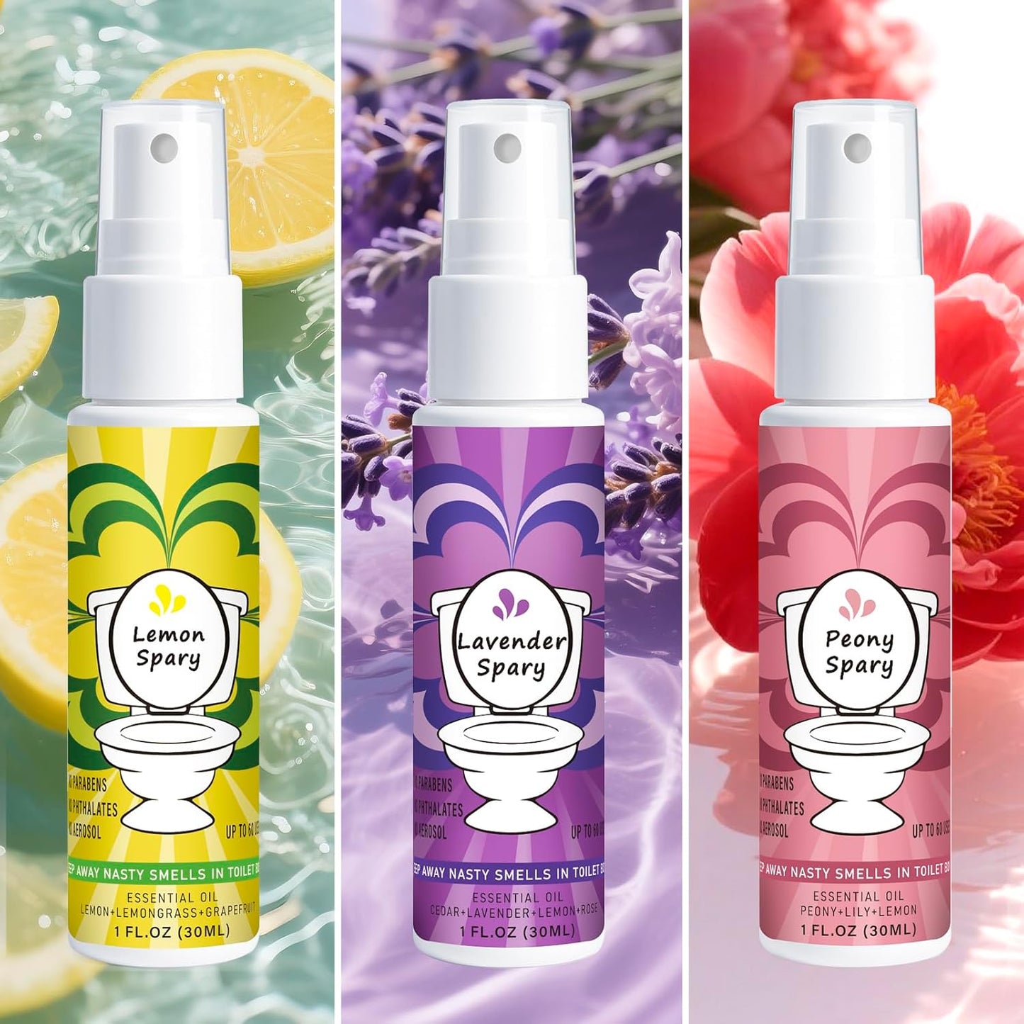 Toilet Spray for Poop 3 Pack, Travel Size Variety, Bathroom Odor Eliminator - Lemon Lavender Peony