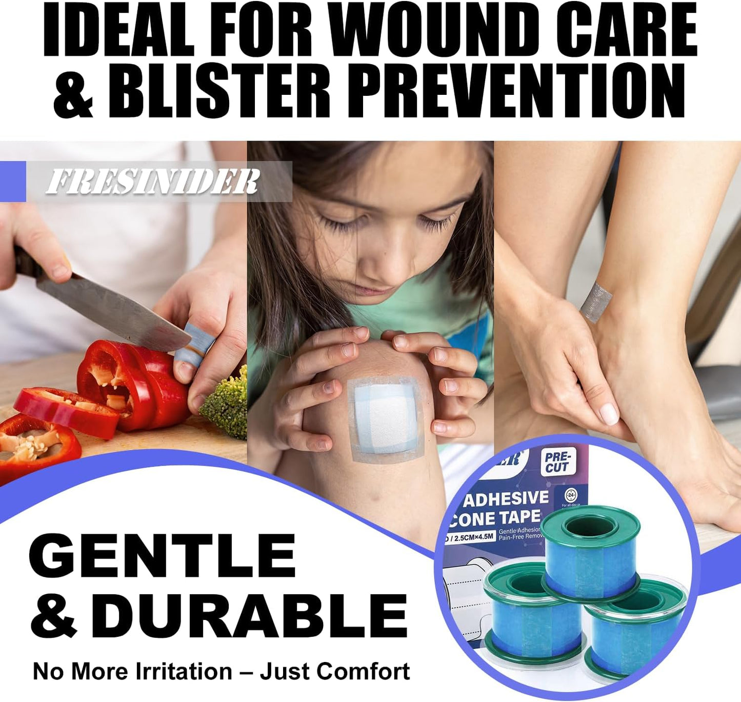 FRESINIDER Silicone Medical Tape – 1" x 5 Yard Blue 4 Rolls, Pre-Cut, Waterproof & Repositionable, Pain-Free Removal, Hypoallergenic Adhesive for Sensitive Skin, Wound Care & First Aid Use