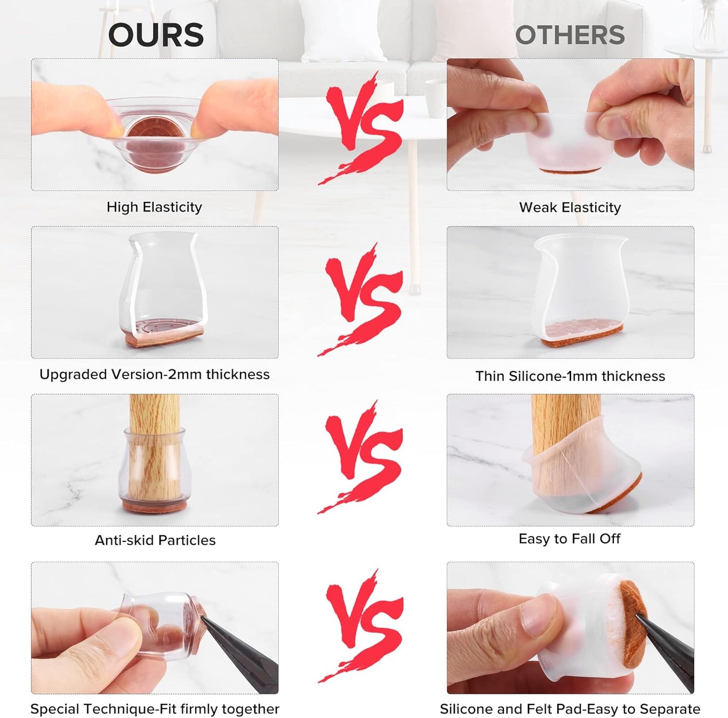 24PCS Upgraded Silicone Chair Leg Floor Protectors for Hardwood Floors, Furniture Sliders for Chair Legs, Felt Bottom Furniture Pads, Anti-Slip Round&Square Cap Covers to Scratch and Reduce Noise