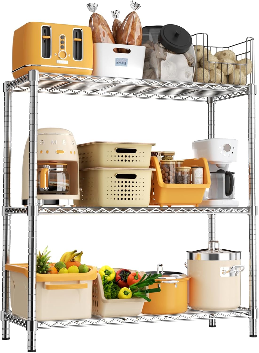 Storage Shelves, 36" L x 14" W x 36" H Heavy Duty Garage Wire Shelving Unit Loads 1050LBS, 3-Tier Adjustable Metal Industrial Utility Shelf Rack for Kitchen, Laundry Room, Basement