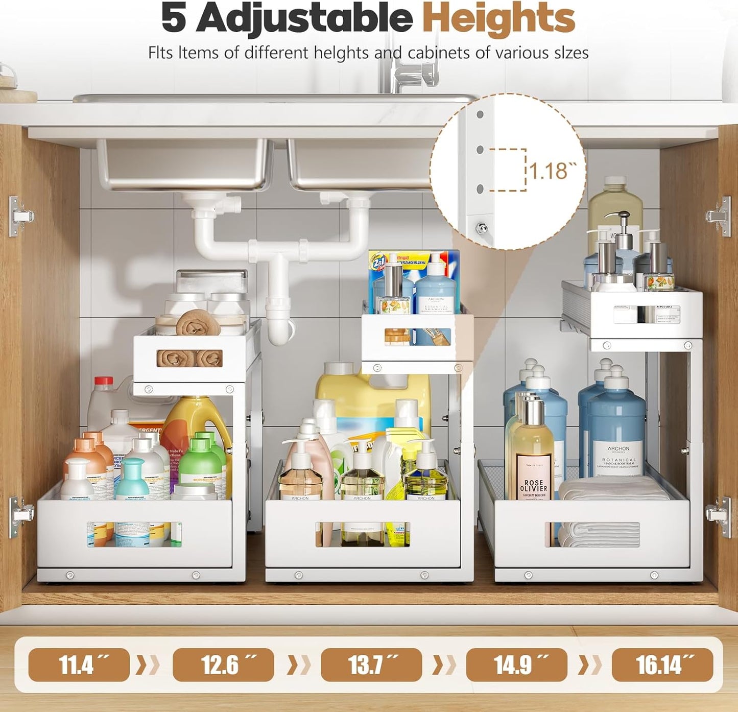2 Pack 19IN Depth Under Sink Storage Organizer, Large 2-Tier Elegant Mesh Pull Out Shelf for Kitchen and Bathroom Cabinet Organization, L-Shaped and Adjustable Height Design-White