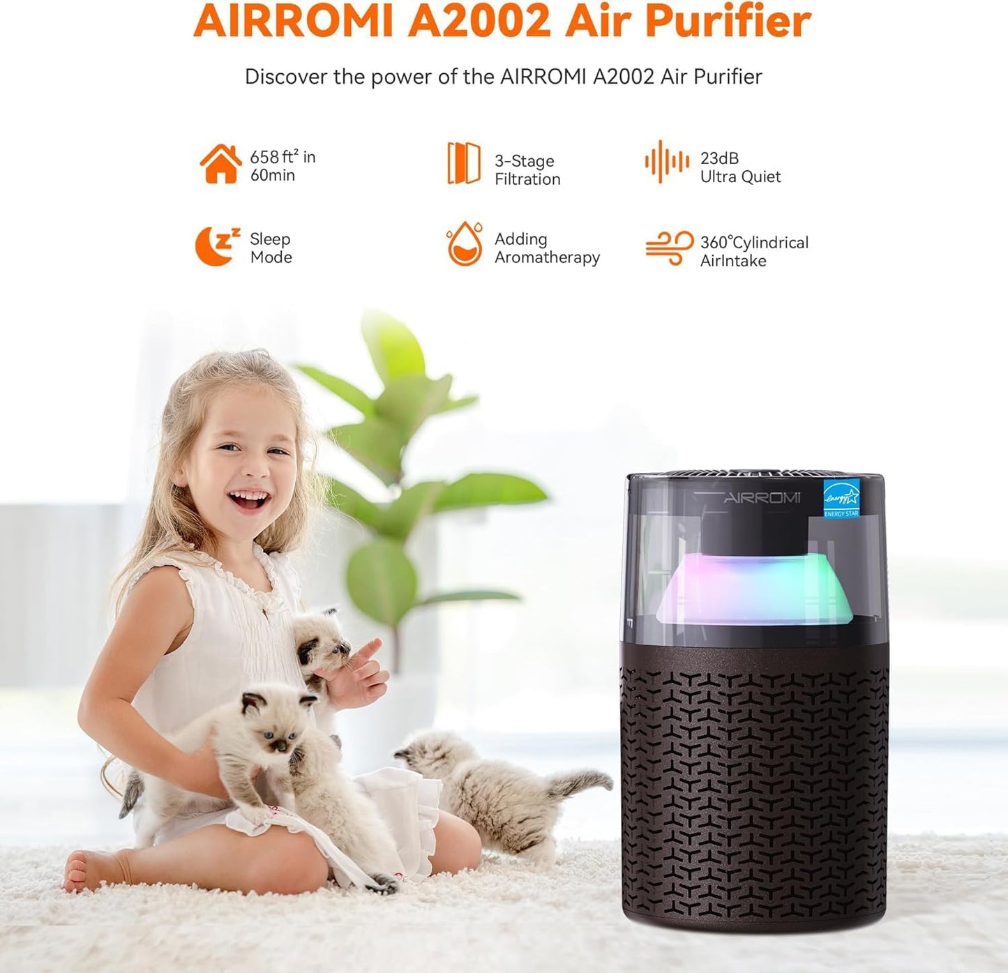 AIRROMI Air Purifiers for Bedroom Home,Up to 658 Ft²,Activated Carbon Filter Cleaner,With Fragrance Sponge for Better Sleep,Night Light,Pet Dander,Allergies,Smoke,Odor,Desktop Air Cleaner A2002 Brown
