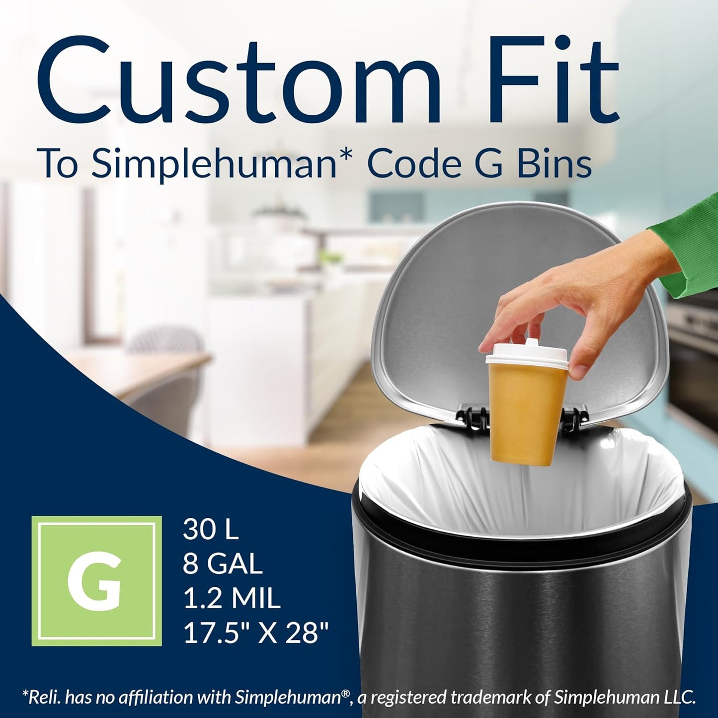 Reli. SuperFit Code G (120 Count) | Compatible with Simplehuman Code G | Dispenser Pack Custom Fit Liners | Drawstring Trash Bags | 30 Liter / 8 Gallon | White