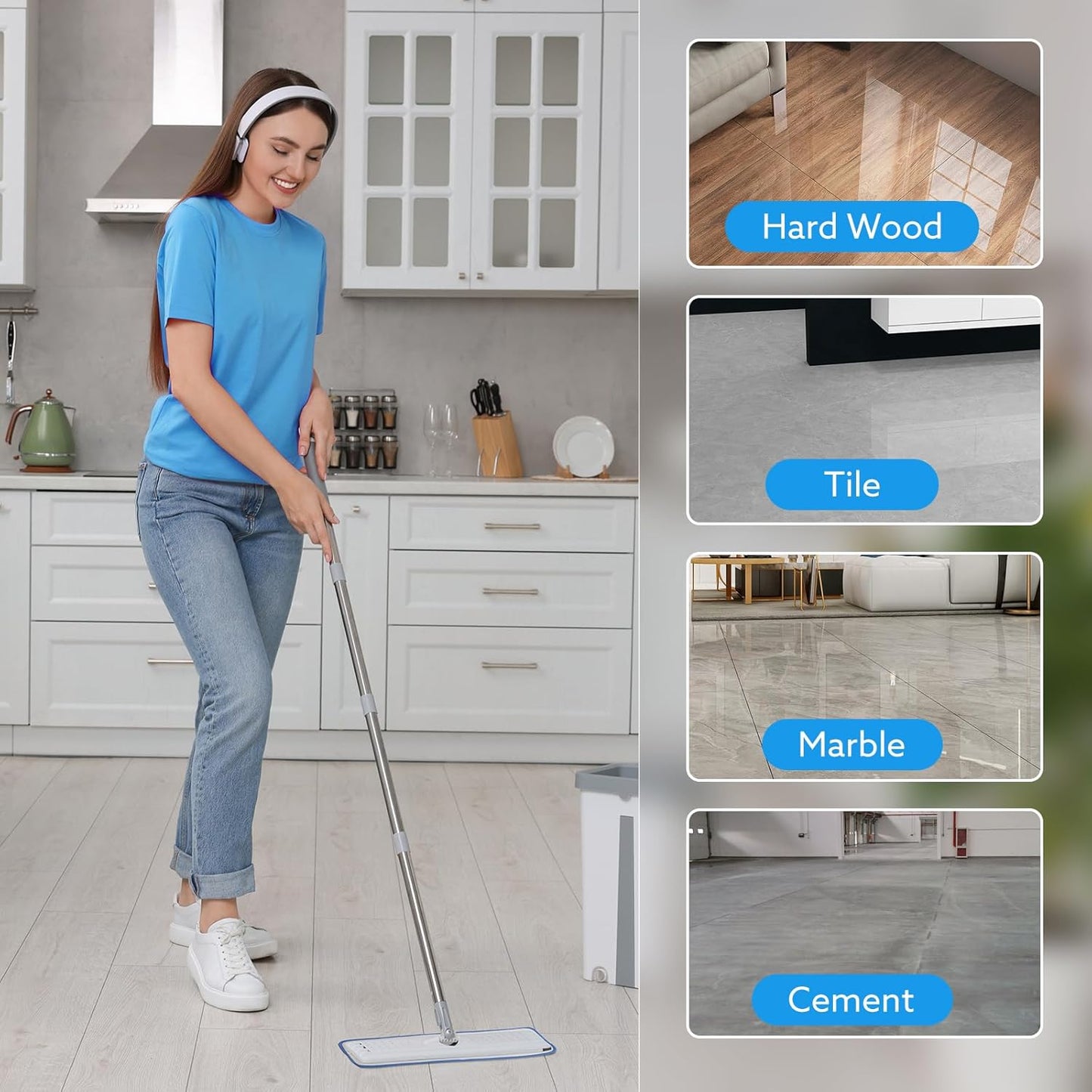 6 Pack Microfiber Cleaning Pads are Compatible with Bona Mop,18 Inch Replaceable Mop Pad Refill,Washable & Reusable Blue Microfiber Mop Pads for Hardwood and Hard-Surface Floors