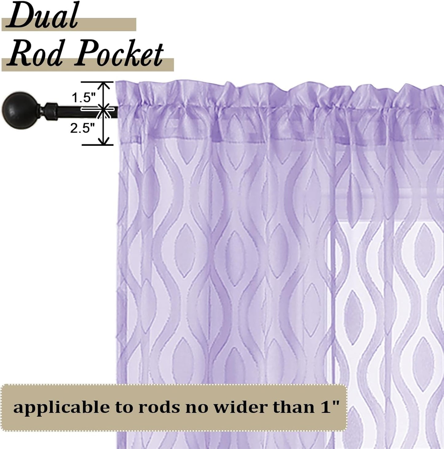 Aiyufeng Sheer Curtains 45 Inch Length 2 Panels, Farmhouse Soft Airy Lightweight Clip Jacquard Textured Curtains, Chic Wavy Line Window Curtains for Bedroom Living Room, Light Purple, 40Wx45L Inches