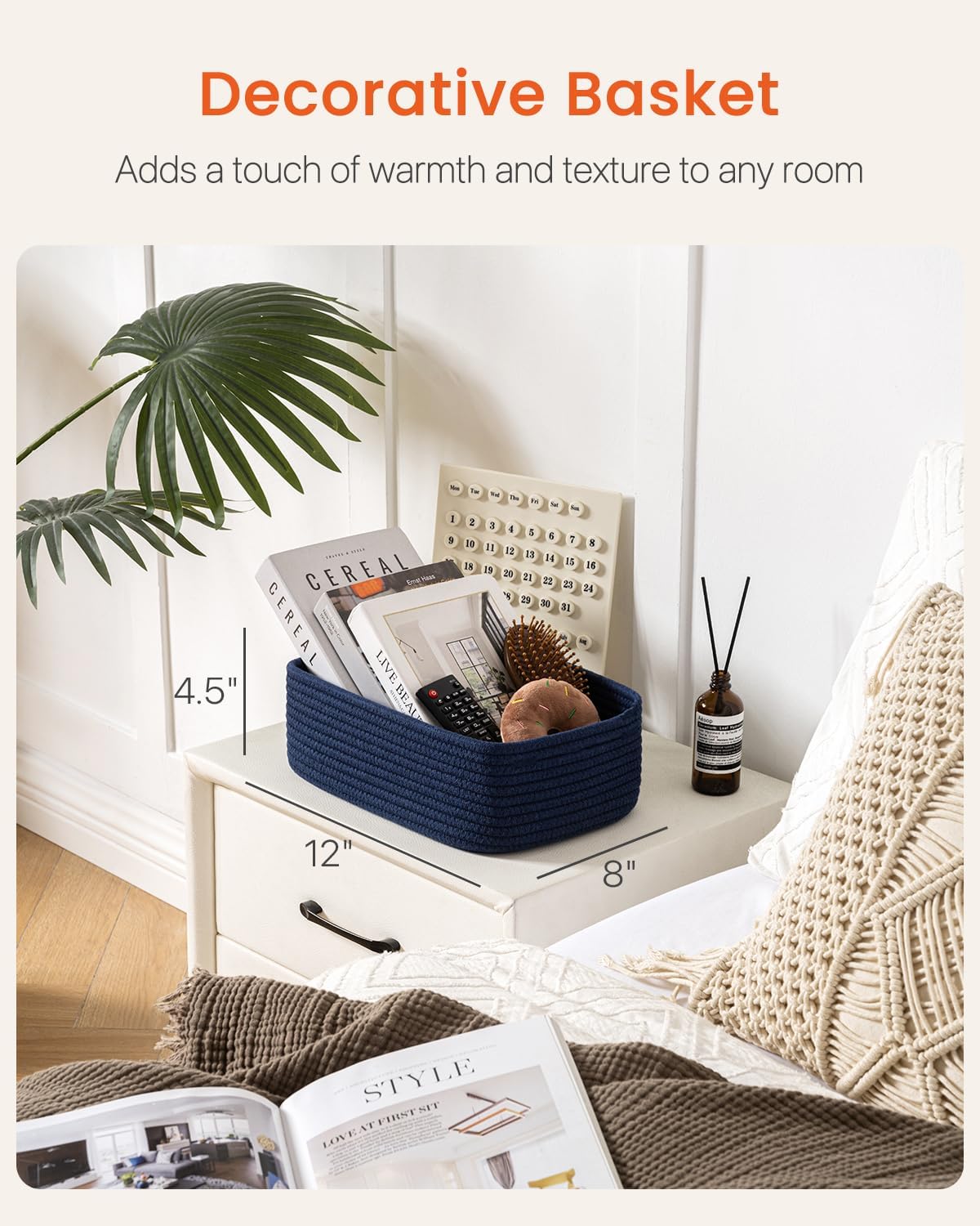 Small Woven Basket, 12 x 8 x 4.5 Inches, Storage Basket for Organizing, Cute Small Rope Shelf Closet Cube Storage Bins Baskets for Shelves, Dog Toy Gift Baskets Empty, 3 Packs, Navy Blue