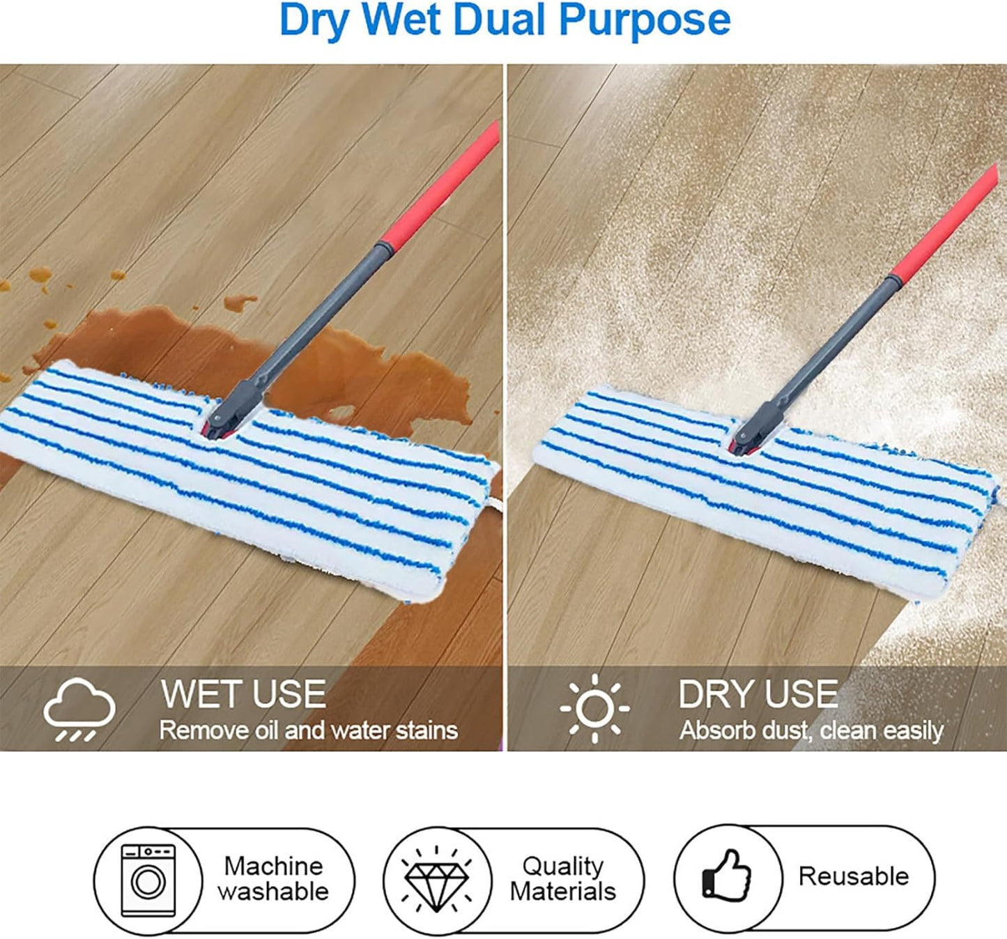 2 Pack Microfiber Mop Replacement Heads，Compatible with O-Cedar Dual Action Flat Mop for Dry/Wet Use Machine Washable Reusable Flip Mop Refills All Surface Cleaning(Blue White Stripe)