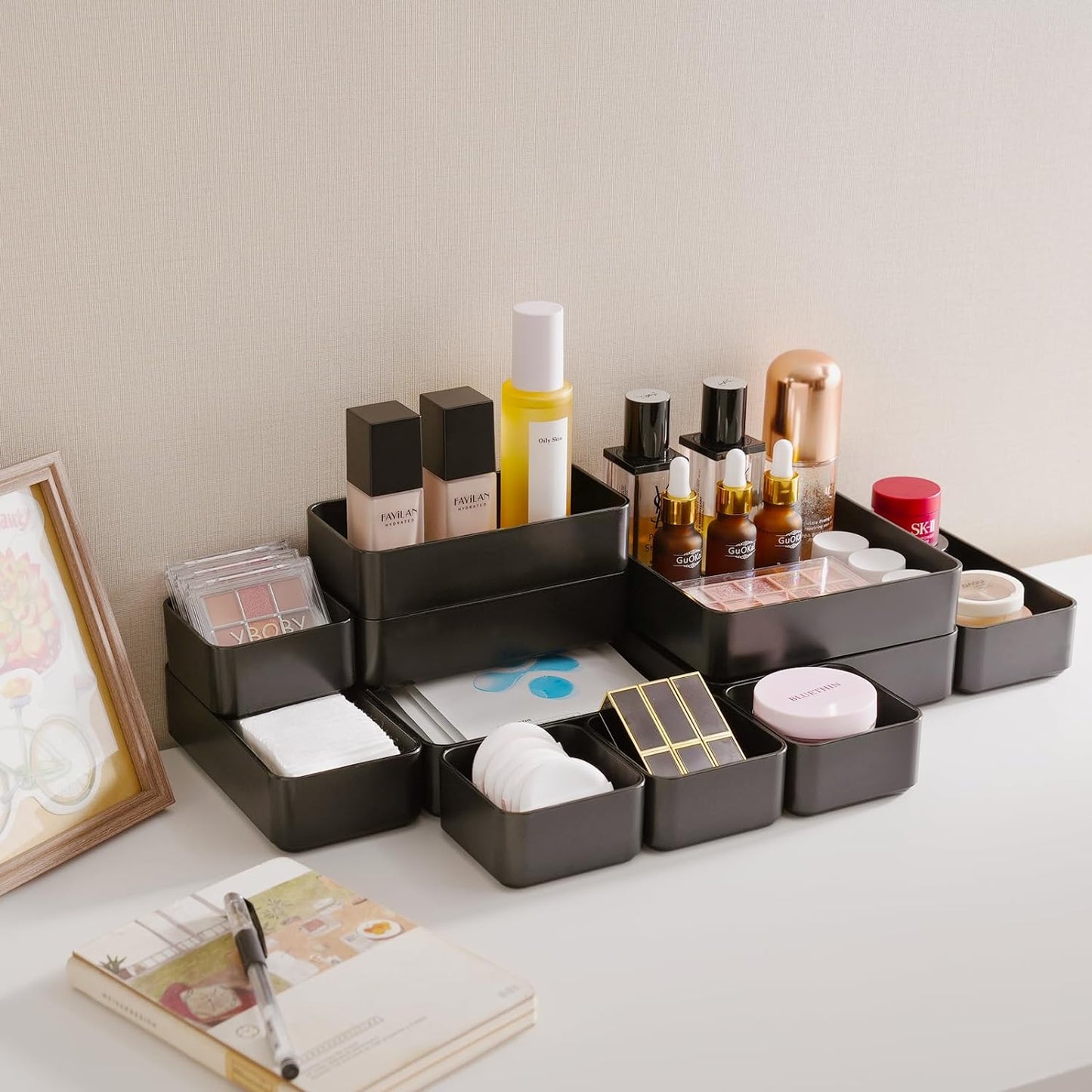 11-Piece Stackable Drawer Organizer Set, Multi-size Desk Drawer Organizer Trays Vanity Storage Bins for Storing Makeup, Stationery, Utensils in Bathroom Dresser, Office and Kitchen