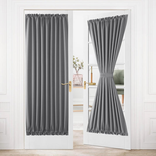 DWCN French Door Curtains – Rod Pocket Thermal Blackout Curtain for Doors with Glass Window, Kitchen and Patio Doors for Privacy, 54 X 80 Inches Long, 1 Curtain Panel with Tieback, Grey