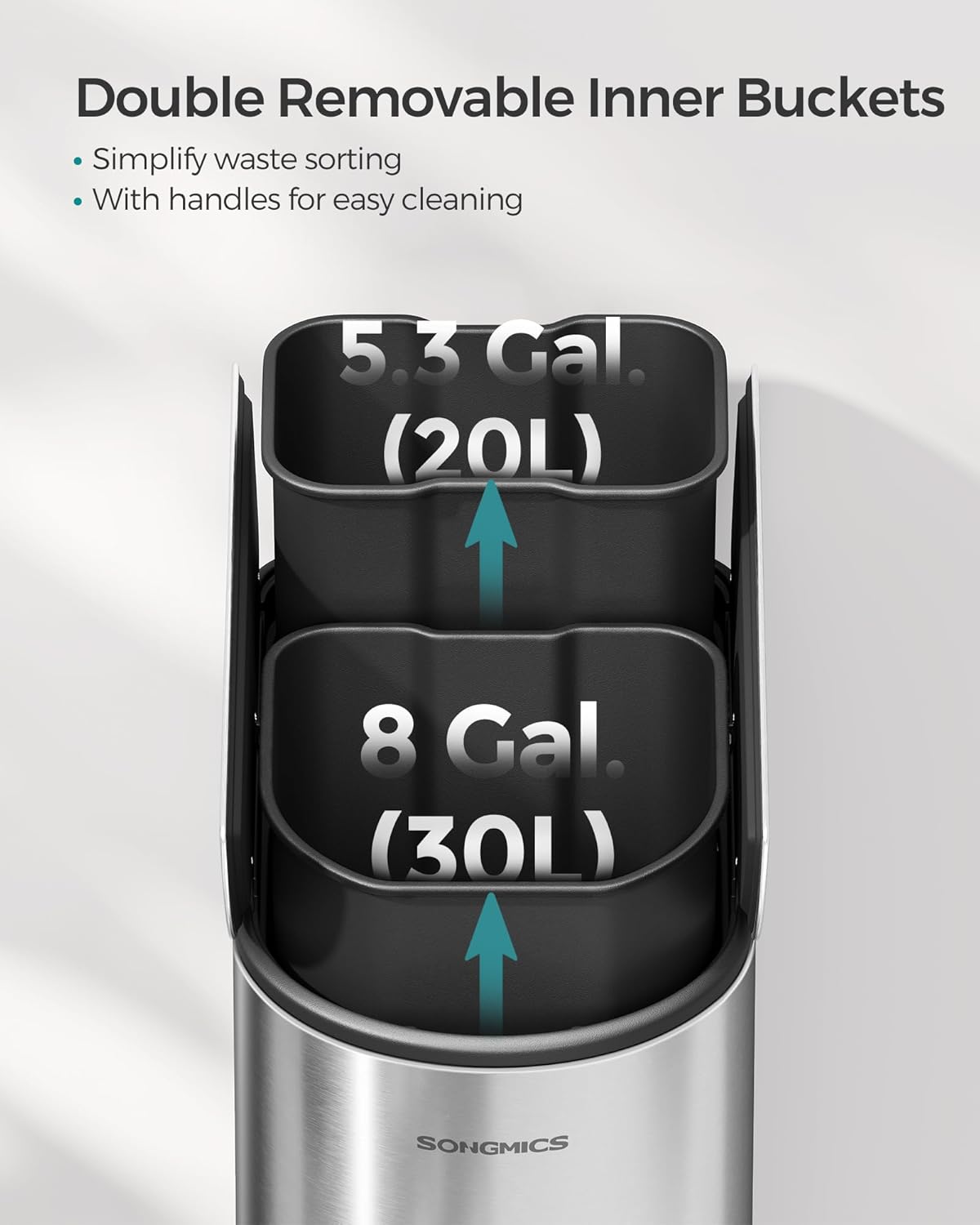 SONGMICS 13-Gallon Dual Kitchen Trash Can, 5.3 and 8 Gallon Compartments, Garbage Can with Wing Lids, Stainless Steel, Soft Close, Inner Buckets, Metallic Silver ULTB570E50