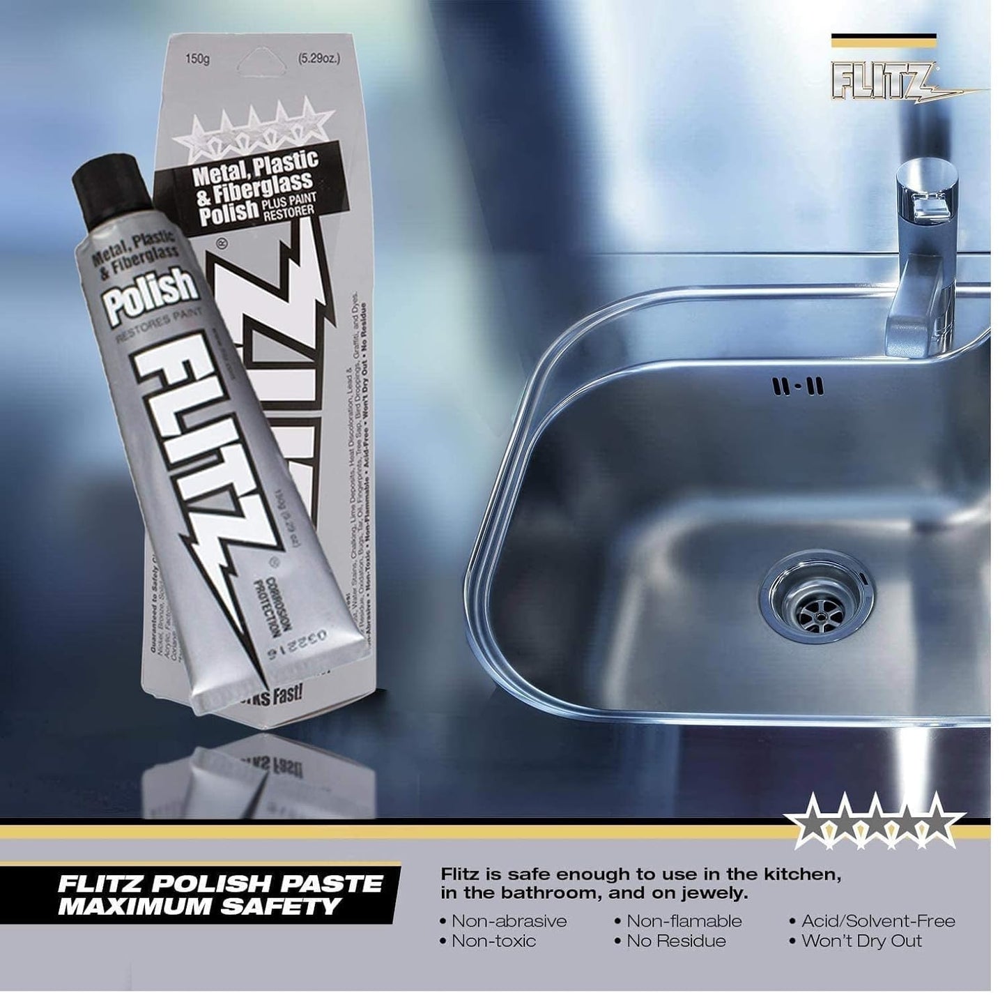 Flitz Multi-Purpose Metal Polish Paste - 5.29oz Tube of USA-Made Chrome Polish - Works on Stainless Steel, Aluminum, Plastic, Jewelry and Cars - Non-Abrasive Cleaner & Rust Remover (3 Pack)