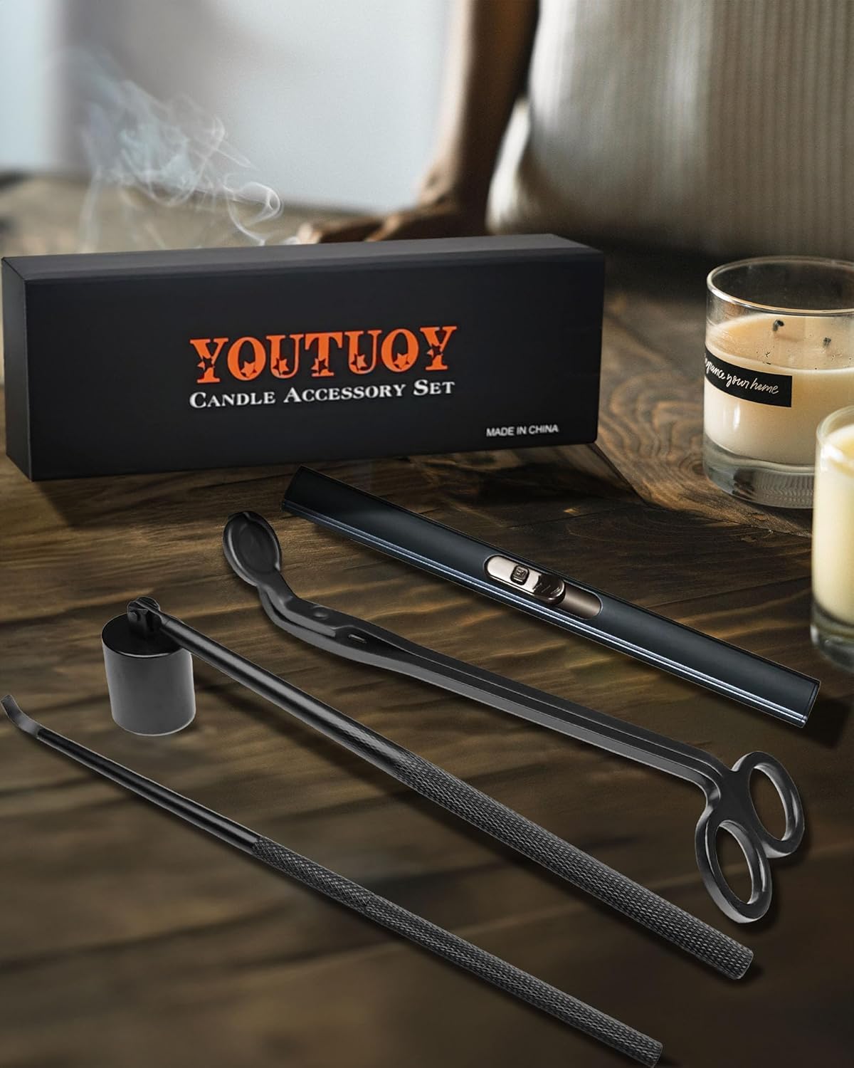 4 in1 Candle Accessory Set with Rechargeable Candle Lighter, Candle Wick Trimmer, Candle Wick Snuffer, Candle Wick Dipper, Candle Care Kit (Matte Black)