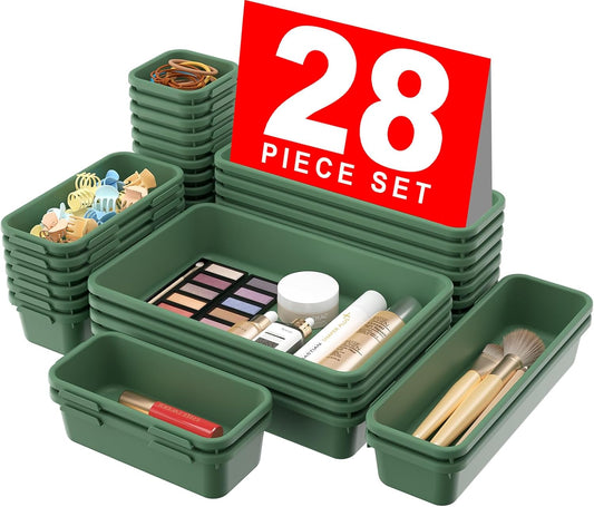 A-LuGei 【28PCS】 Drawer Organizer, Bathroom Organizers and Storage, Makeup organizer, Desk drawer organizer, Storage Bins for Kitchen Office Bedroom Vanity Jewelry Pantry Garage【ArmyGreen】【4Size】