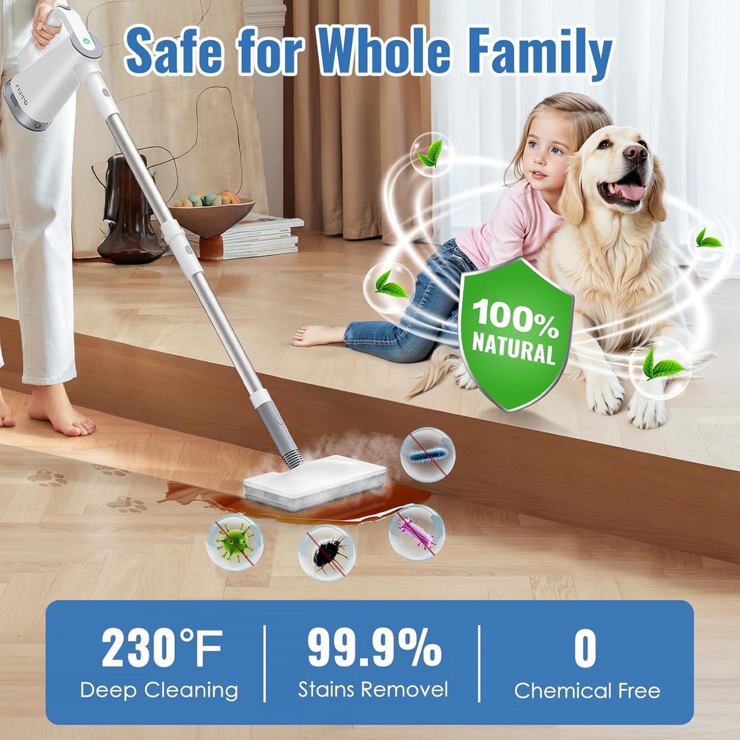 FEPPO Steam Mop & Handheld Steam Cleaner for Home and Floor Cleaning, 15s Heat-Up, 230°F Powerful Steamer with 10-in-1 Multi-Purpose Attachments for Floors, Hardwood,Tiles,Grout,Windows,Kitchen,Bath