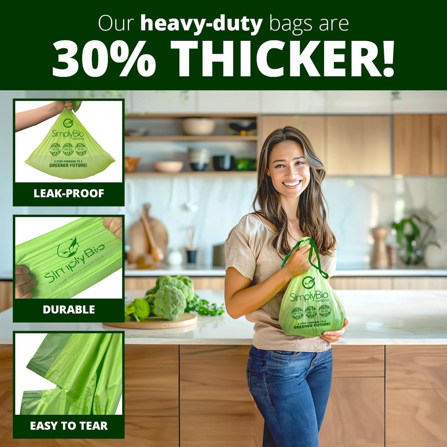 Simply Bio 3 Gallon Compostable Trash Bags Liners Drawstring, Heavy Duty Extra Thick 1 Mil, 11.36 Liter, 50 Bags, Small Kitchen Food Scrap Waste Bag, ASTM D6400, US BPI and OK Compost Home Certified