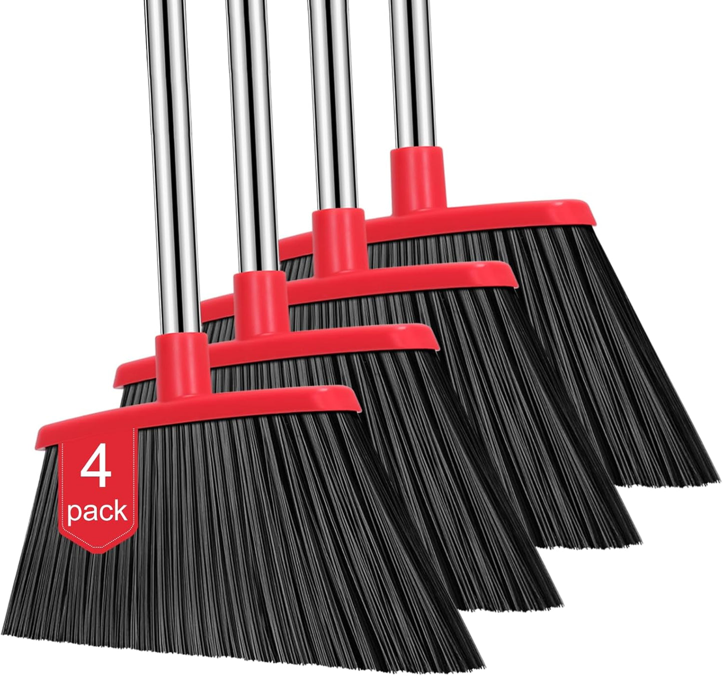 NACENA Heavy Duty Broom, 55 Inch Long Handle Outdoor Large Angle Brooms, Commercial Broom for Sweeping Indoor, for Home Garage Kitchen Office Courtyard Lobby Patio Lawn Concrete, 4 Pack (Black&Red)