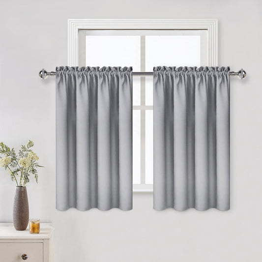 DWCN Silver Grey Short Blackout Curtains for Bedroom, Thermal Insulated Energy Saving Room Darkening Curtains for Living Room (W42 x L36 inch, Set of 2 Panels, Top of Rod Pocket)