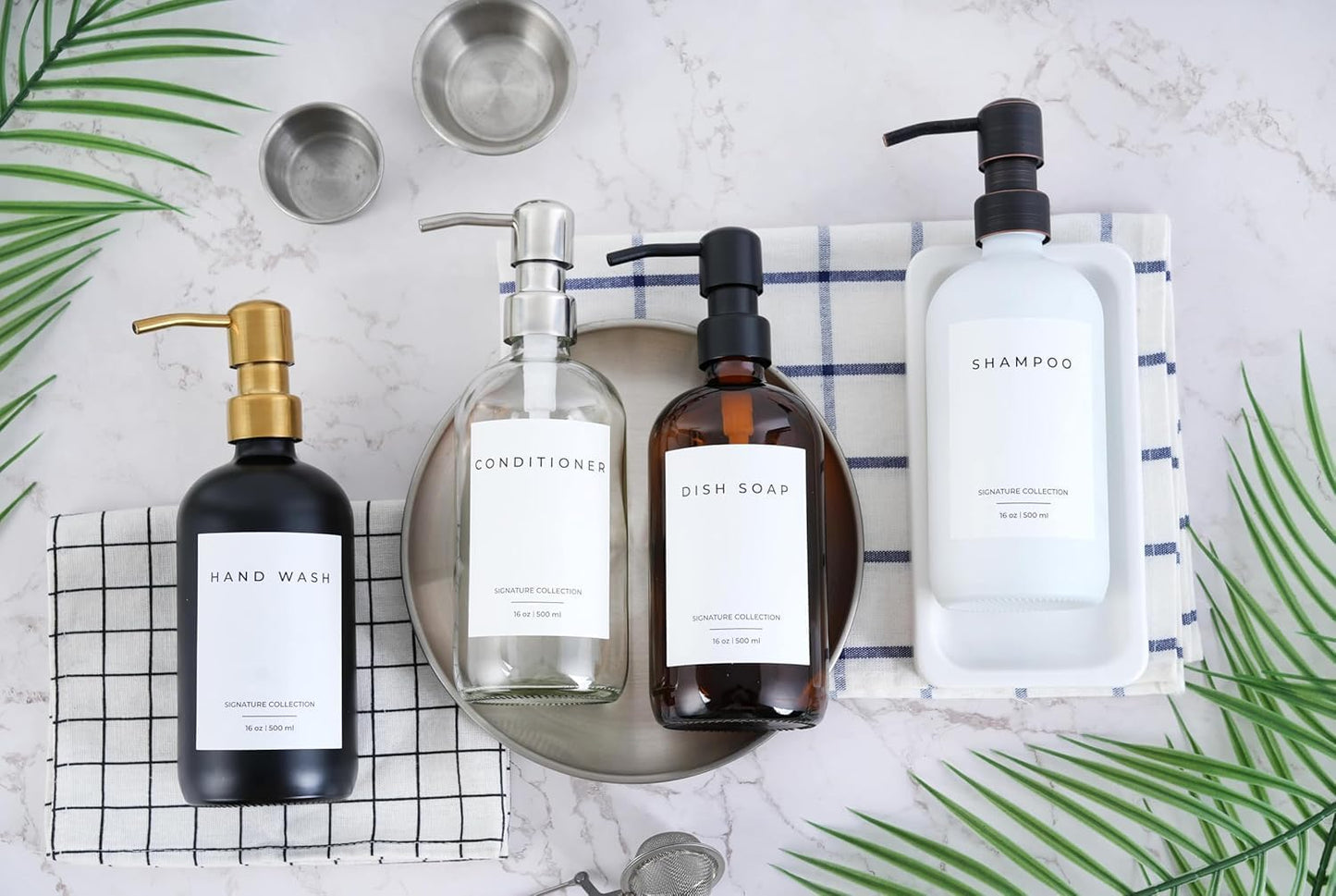 Emerson Essentials Glass Soap Bottle Dispensers, 2 Pack, Stainless-Steel Pumps Rust-Free, Hand Set for Bathroom Kitchen Sink, Liquid Lotion Shampoo Jars with 4 Waterproof Labels, 16 Oz Chrome