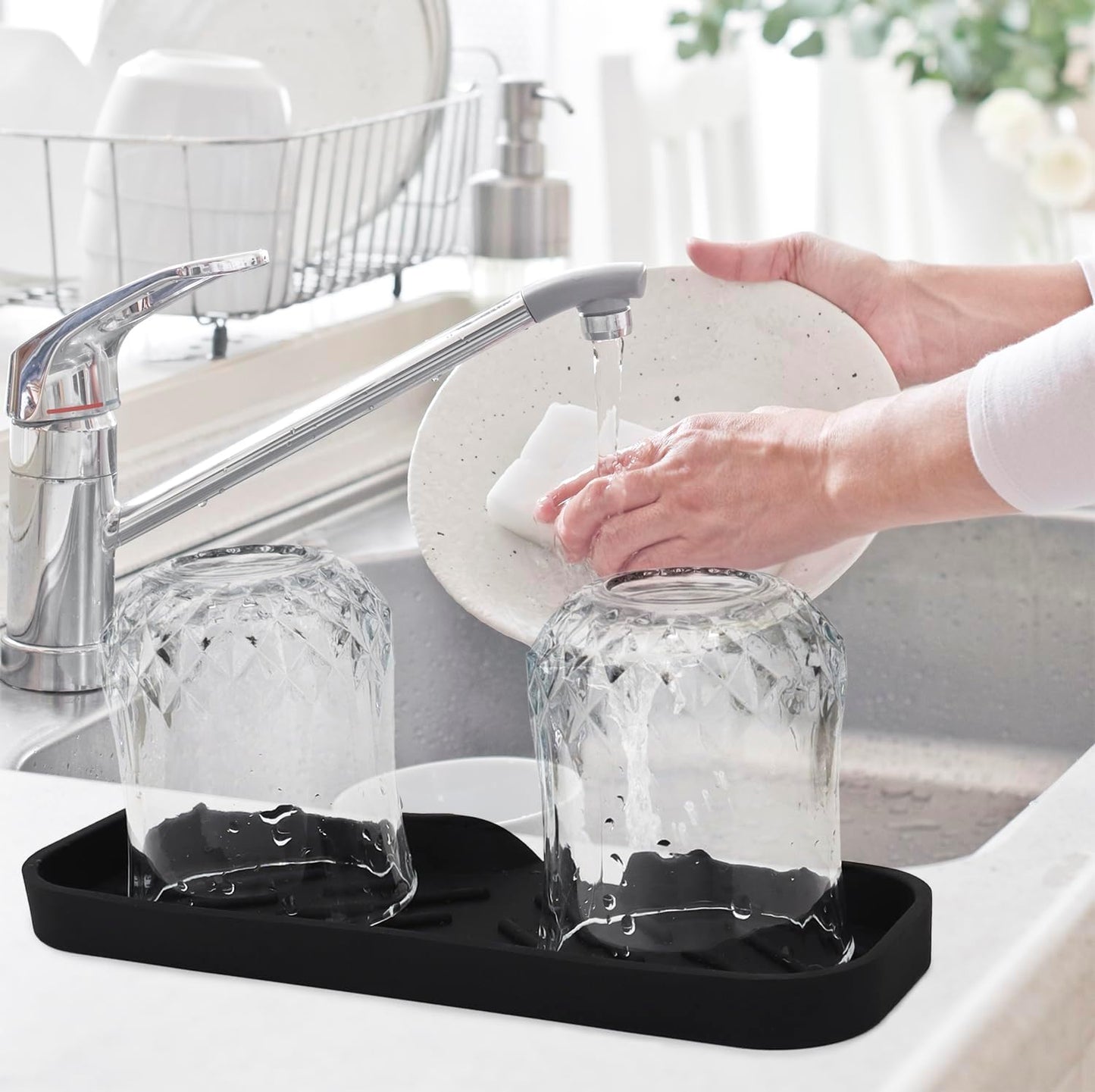 Silicone Bathroom Soap Dishes, Sponge Holder for Kitchen Sink, Shower Soap Holder with Drain, Soap Dispenser Tray, Soap Dish for Bottle, Cup, Sink or Counter Organizer - Black 9" x 3.15"