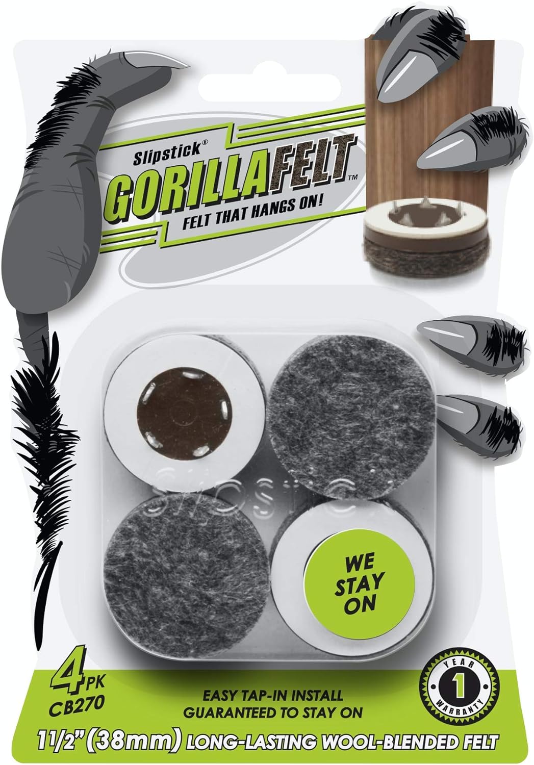 GorillaFelt CB270 Furniture Feet Floor Protectors/Felt Glides (Set of 4) Tap On Felt Furniture Pads Guaranteed to Stay On, 1-1/2 Inch Round Sliders