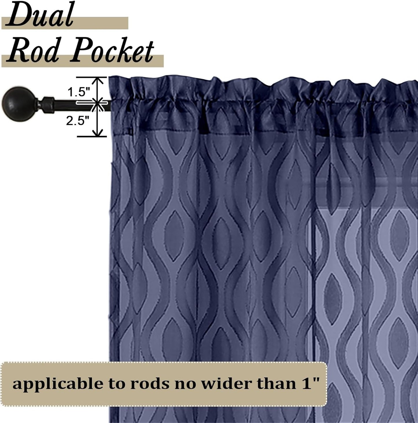 Aiyufeng Navy Blue Sheer Curtains Tiers 36 Inch Length, Light Filtering Soft Airy Wavy Line Jacquard Textured Short Curtain for Bedroom Bathroom Basement, Dual Rod Pocket, 2 Panels, 40" Wx36 L Inch
