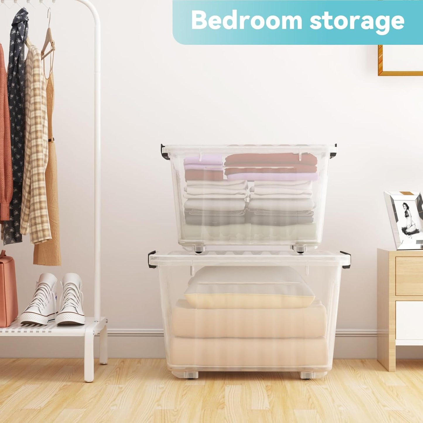 Nazhura 97 Quart Plastic Storage Bin, Stackable and Nestable Storage Boxes with Lids and Secure Latching Buckles, Large Storage Container (Clear, 97Quart-4Pack)