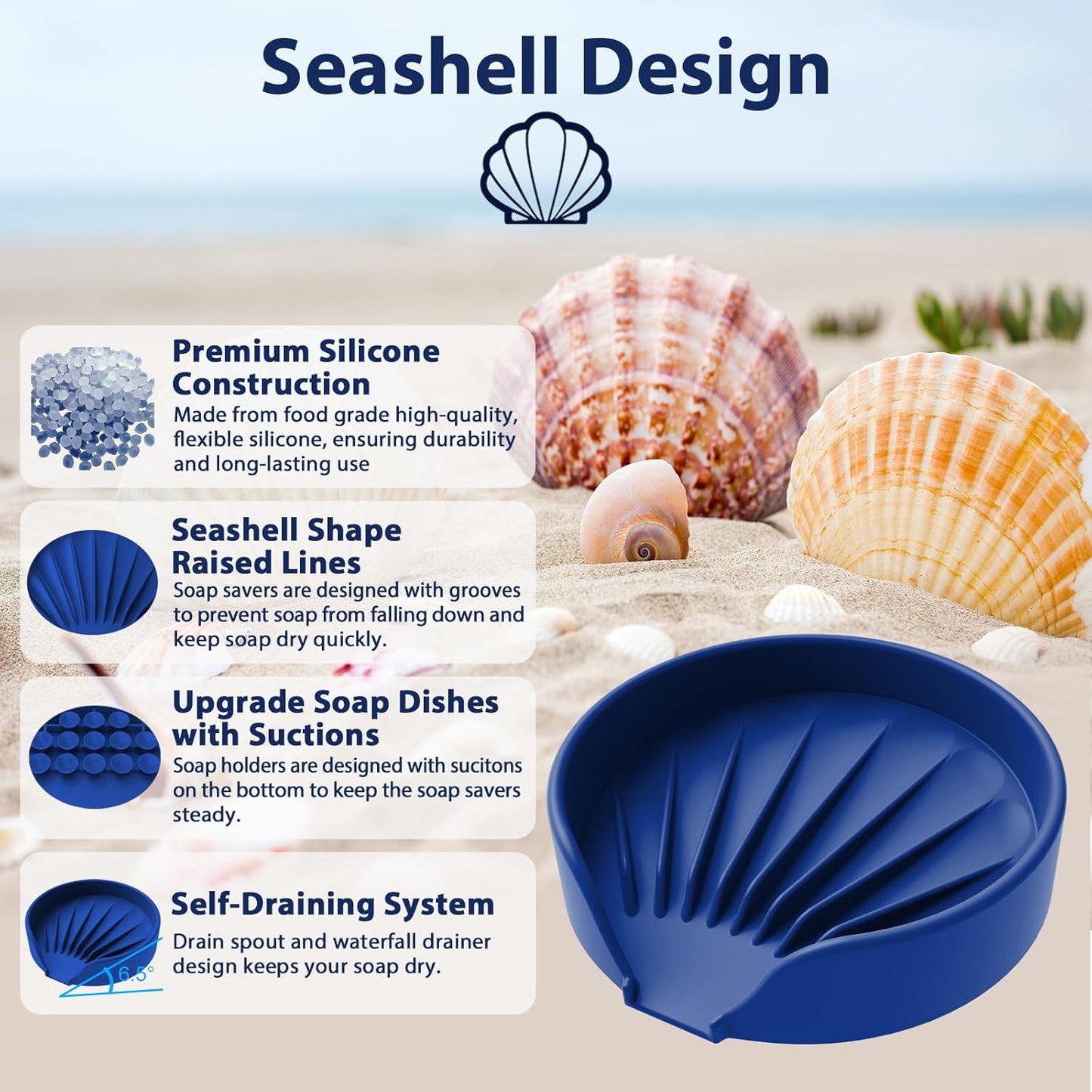 Self Draining Soap Dish, Silicone Suction Cup Soap Holder Tray Savers Container Sponge Holder for Bar Bathroom Shower Kitchen Sink, Can Extend Soap Life (2, Royal Blue)