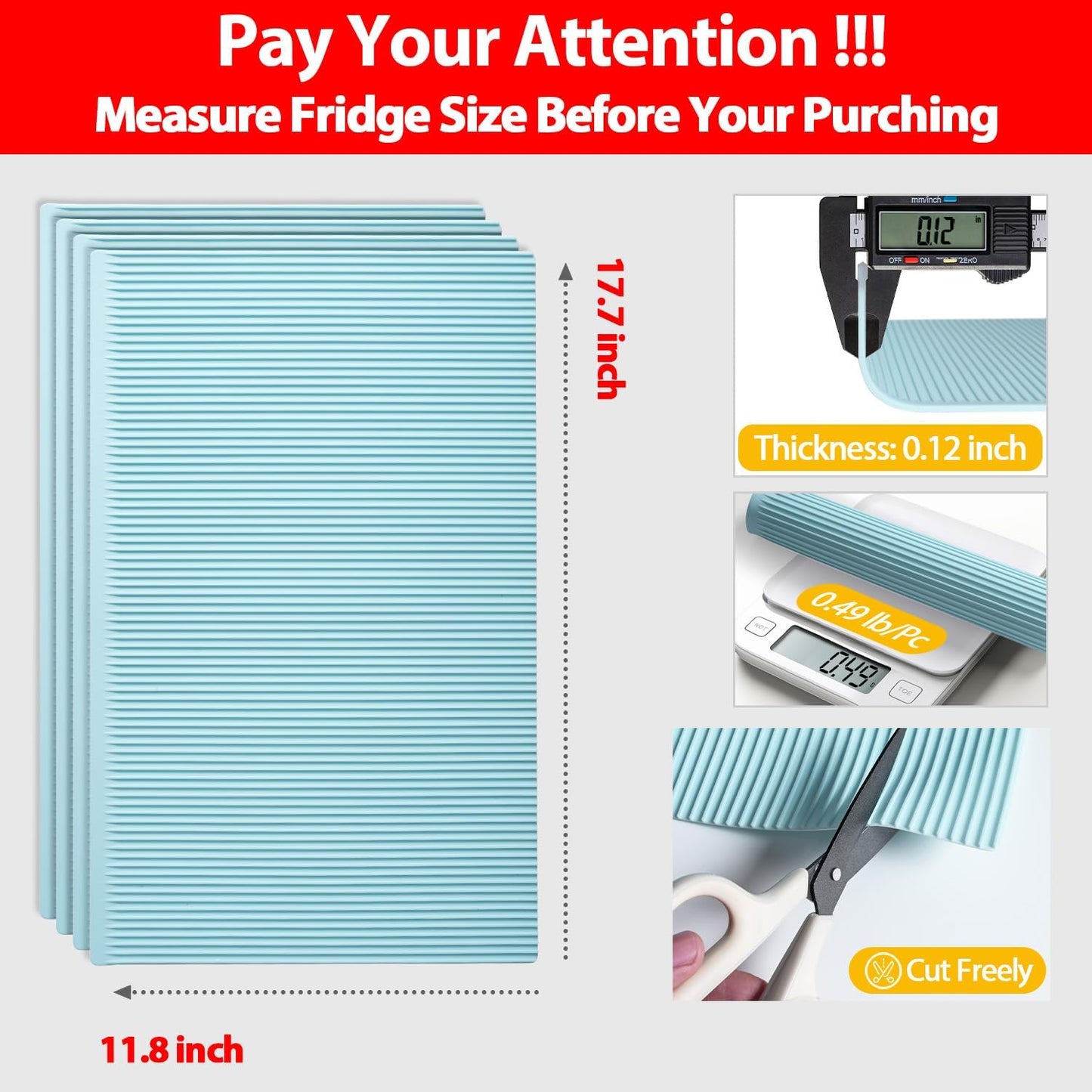 GOYLSER Food-Grade Silicone Refrigerator Liners for Shelves, 4Pack Easy Clean Fridge Liners Groove Design Spill Protection, 17.7"x11.8" Non Adhesive Refrigerator Shelf Mats Drawer Liners, Blue