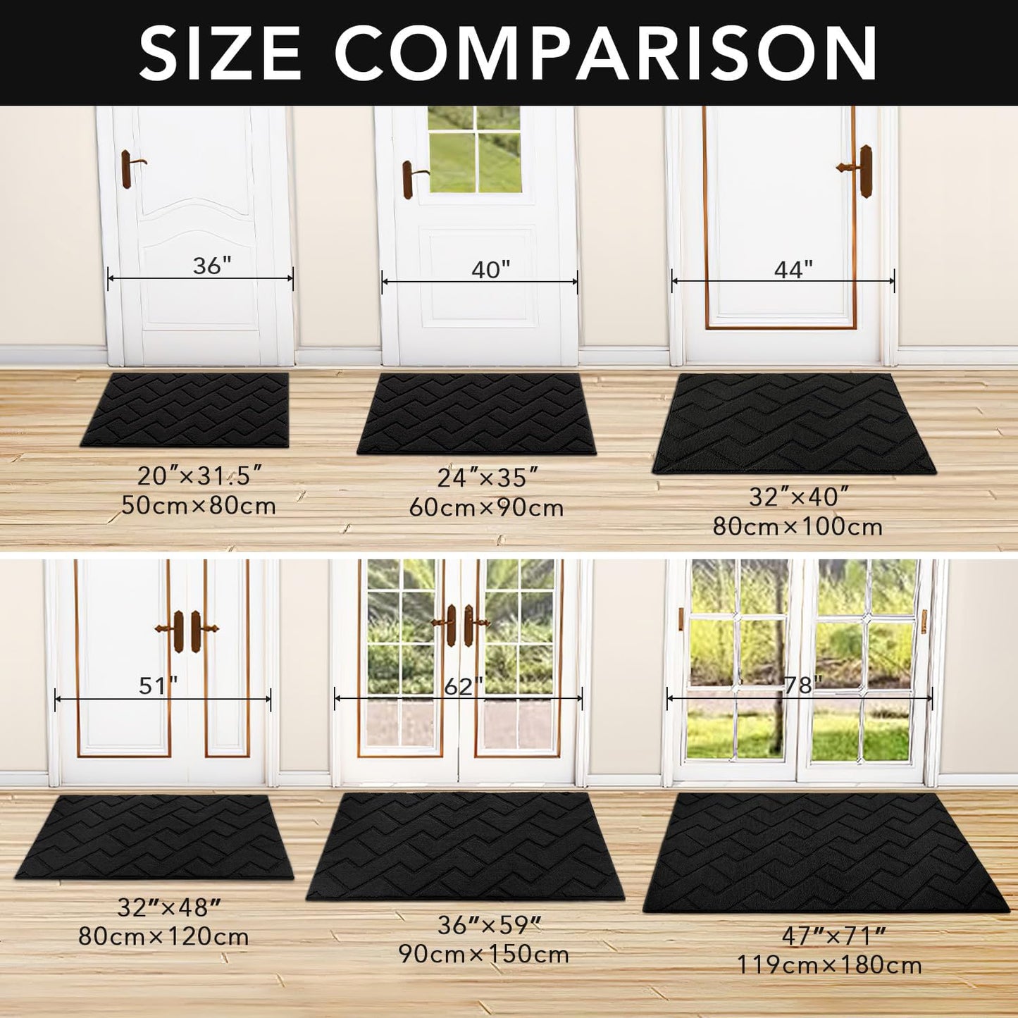 hicorfe Indoor Door Mat,Non Slip Door Mats,32"x48" Front Back Door Mat Rubber Backing,Absorbent Resist Dirt Entrance Inside Floor Mats for Entryway Washable Low-Profile(Black)