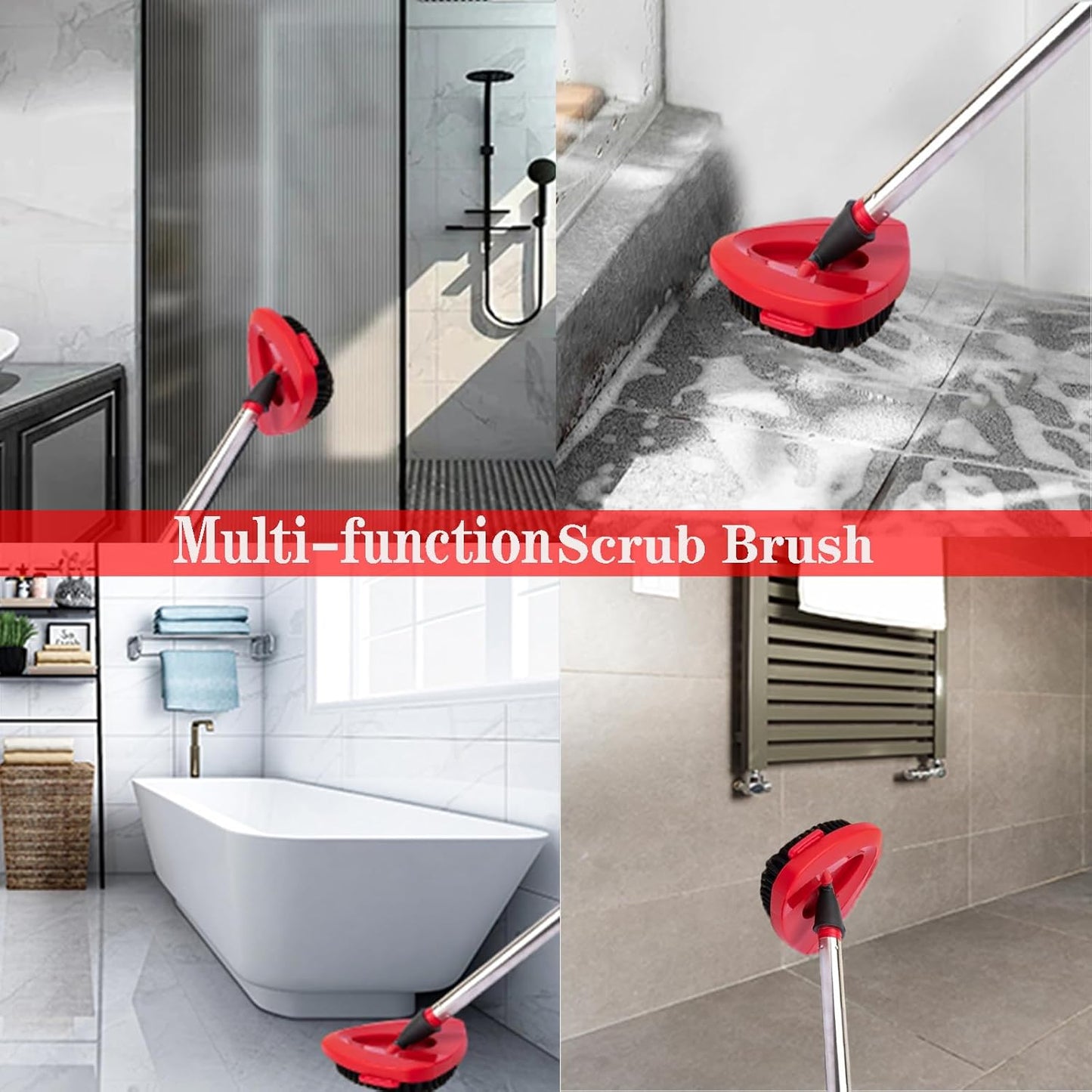 Spin Mop Replacement Handle and Mop Base Replacements for OCeda EasyWring 1-Tank Spin Mop System,4-Section Iron Mop Handle 30-58in and 1 Mop Base and 1 Scrub Brush Cover Set Combo, Red