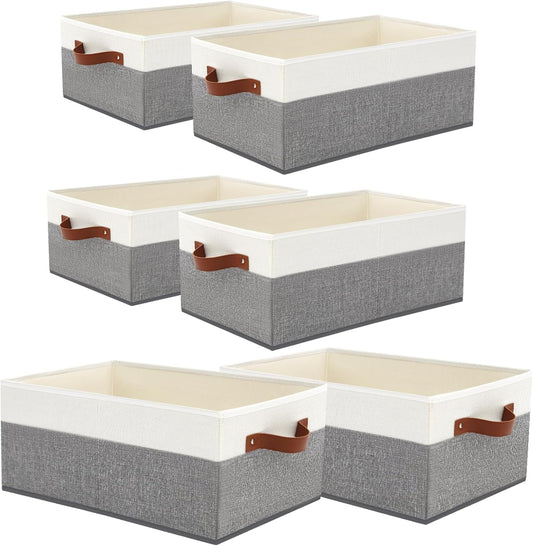 6 Pack Closet Storage Bins, Storage Baskets for Shelves, Linen Closet Organizers and Storage with Leather Handles for Clothes,Towels, Sheets, Jeans, Toys, Books (Grey and White)